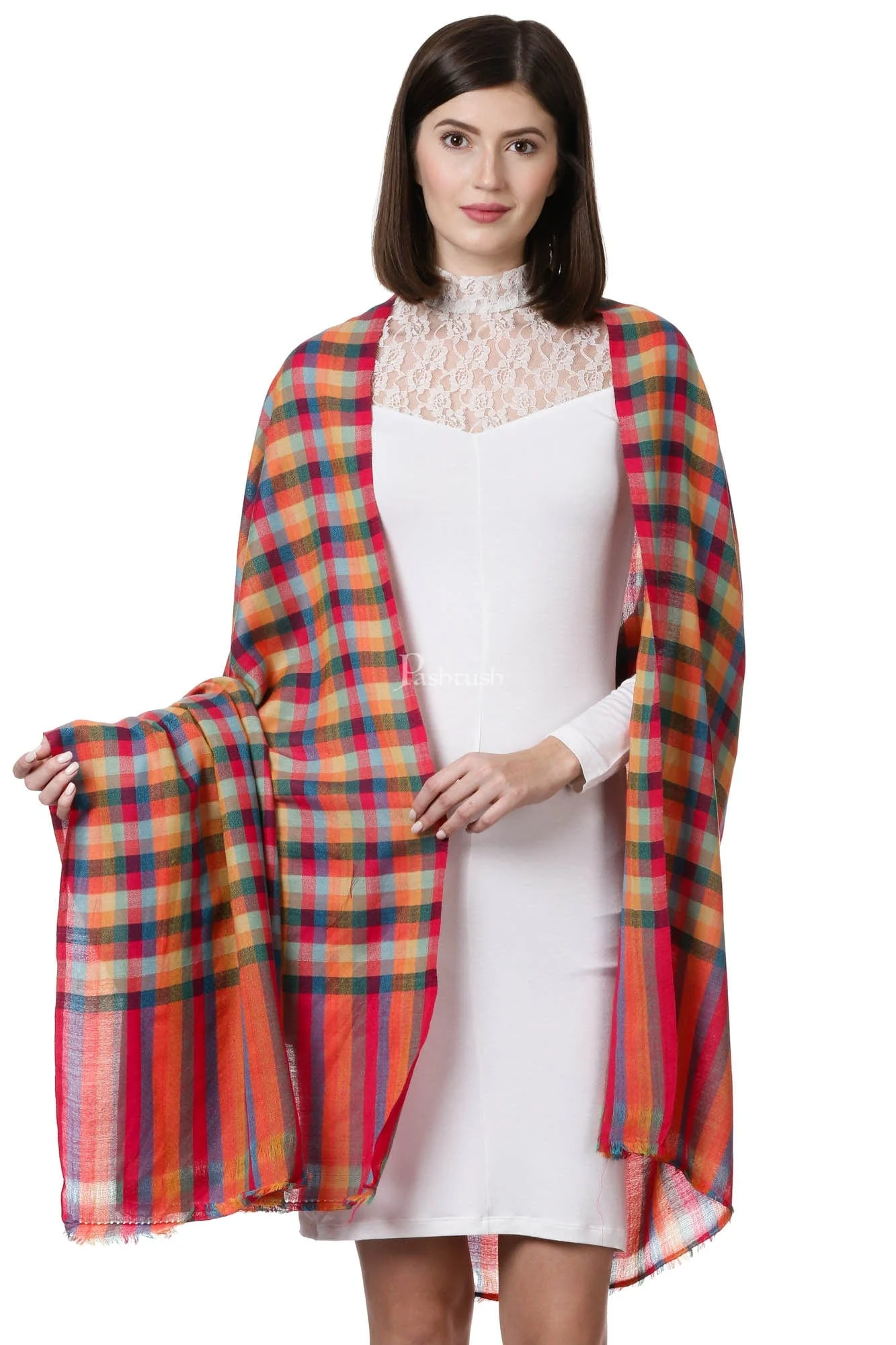 Pashtush Womens Fine Wool Checkered Shawl, Multicoloured - Image 5