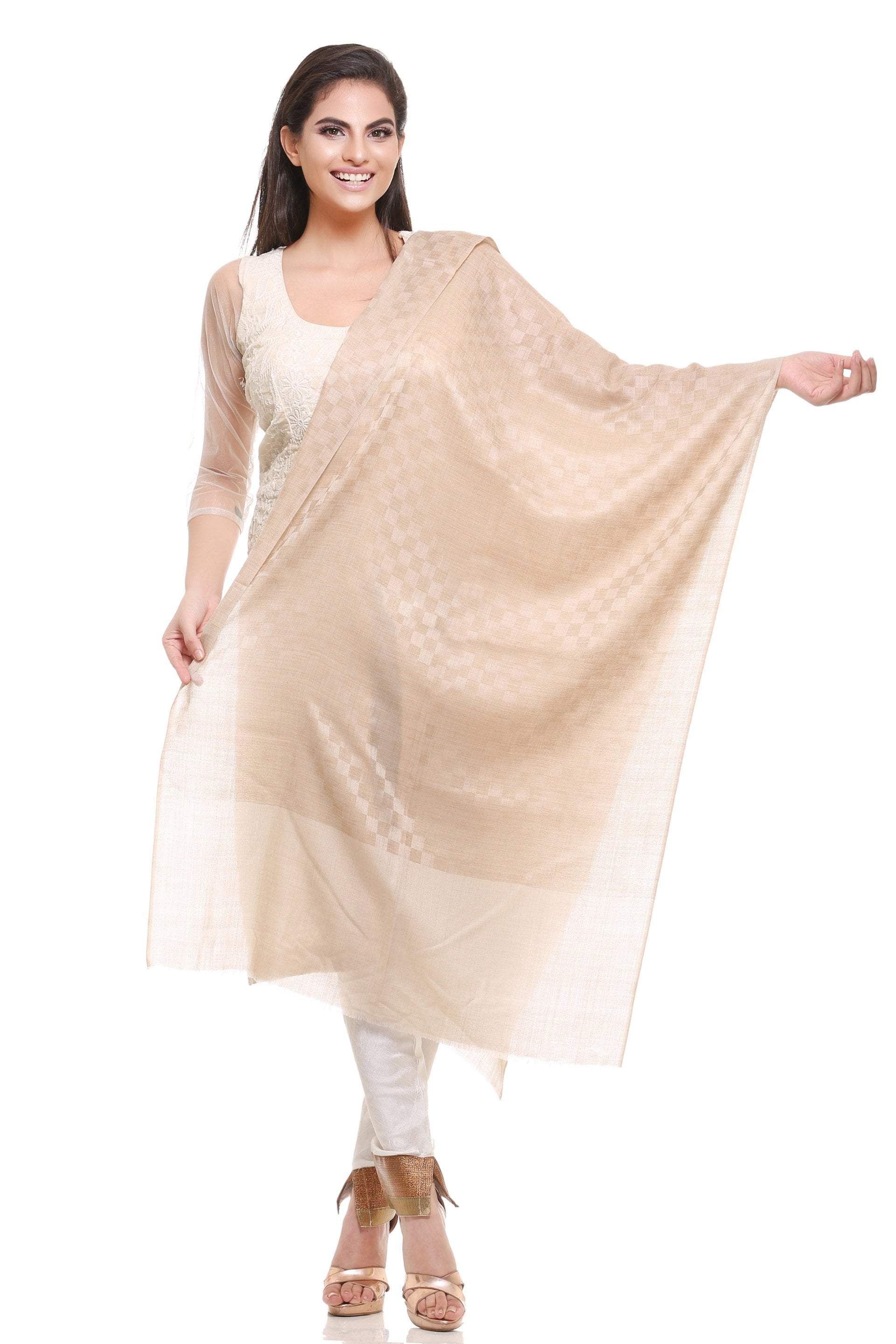 Pashtush Womens, Fine Wool, Checkered Stole, Beige - Image 4