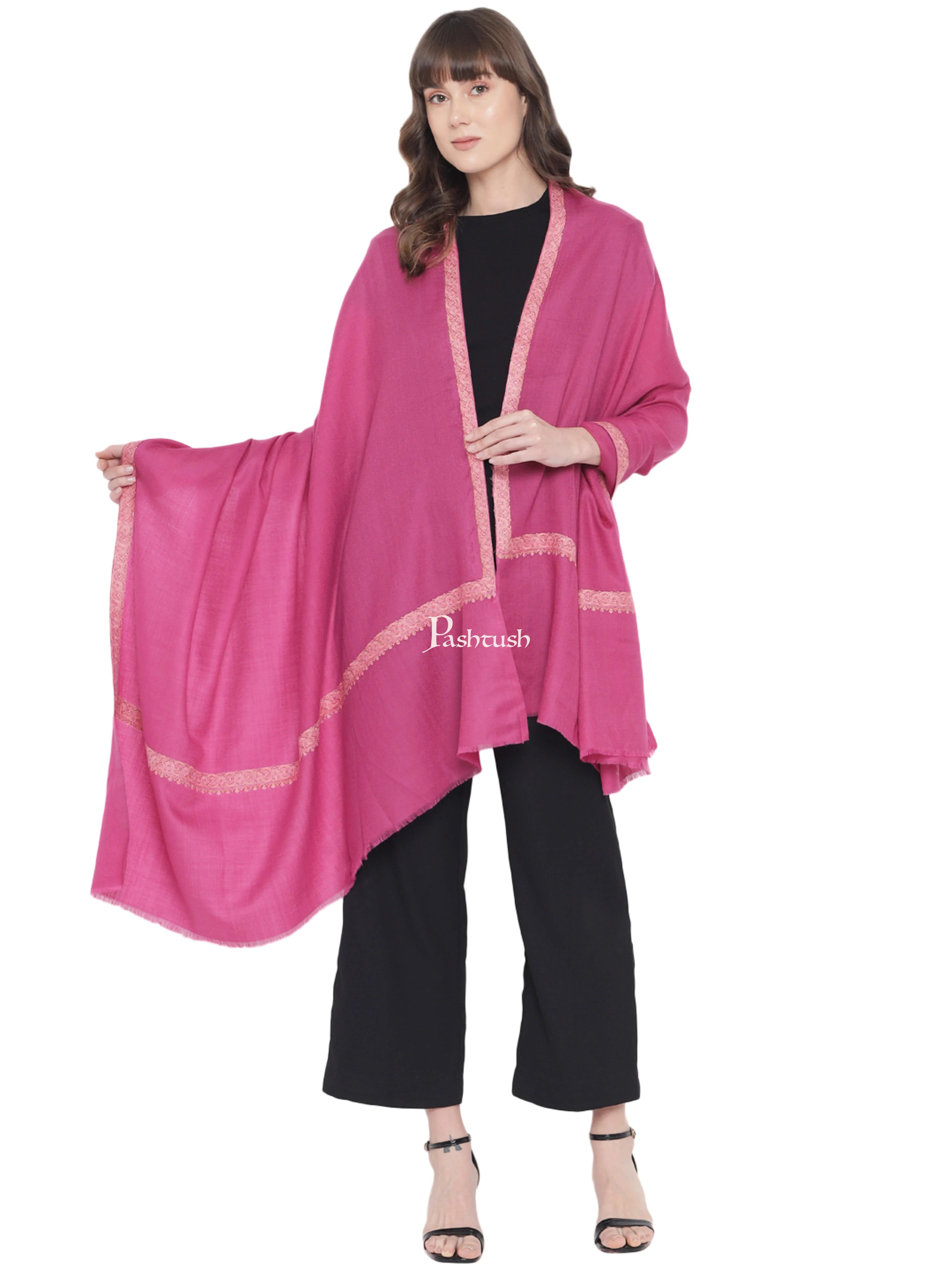 Pashtush Womens Fine Wool Embroidery Shawl, Needlework Border, Haashia, Pink
