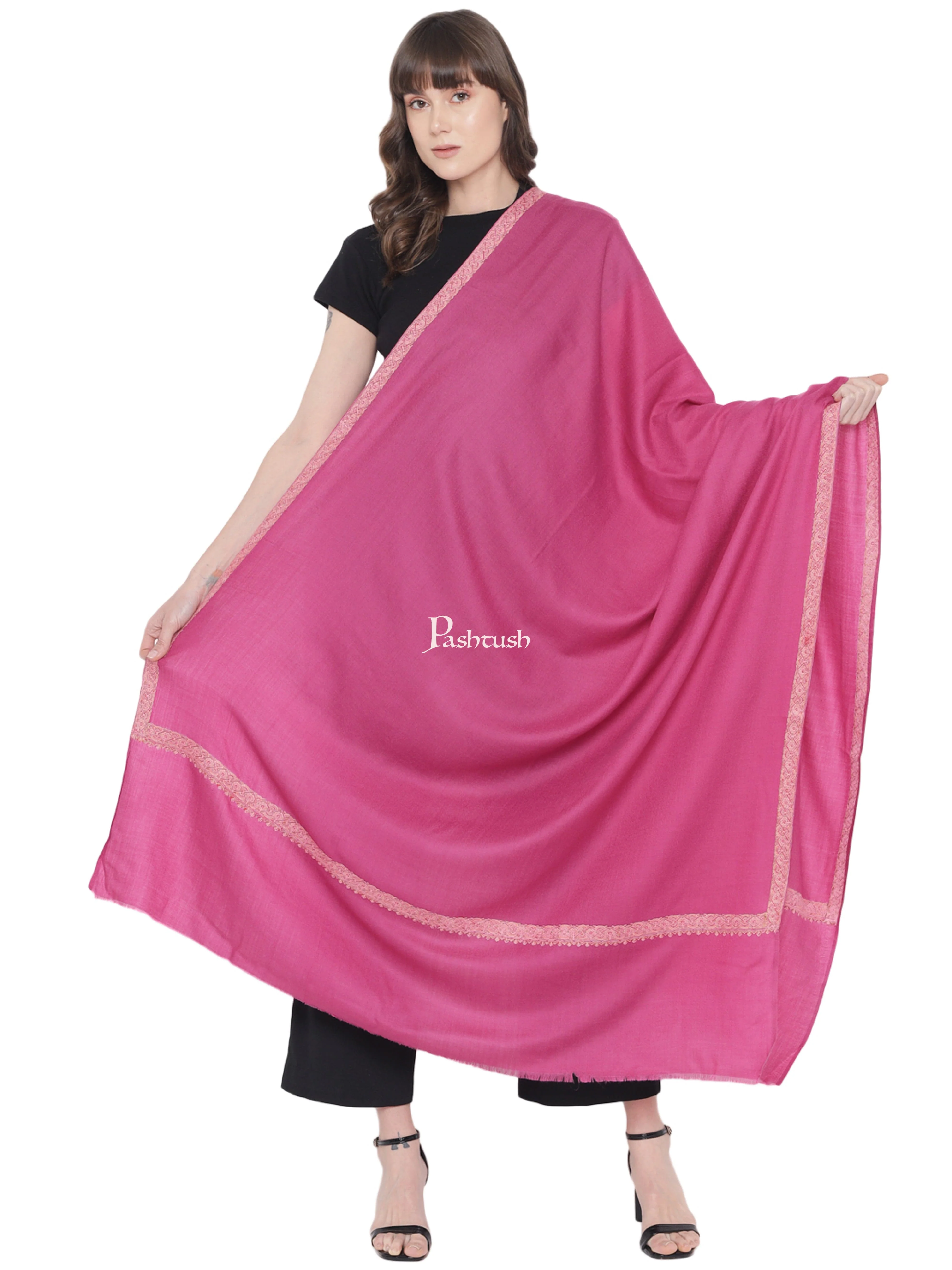 Pashtush Womens Fine Wool Embroidery Shawl, Needlework Border, Haashia, Pink - Image 3