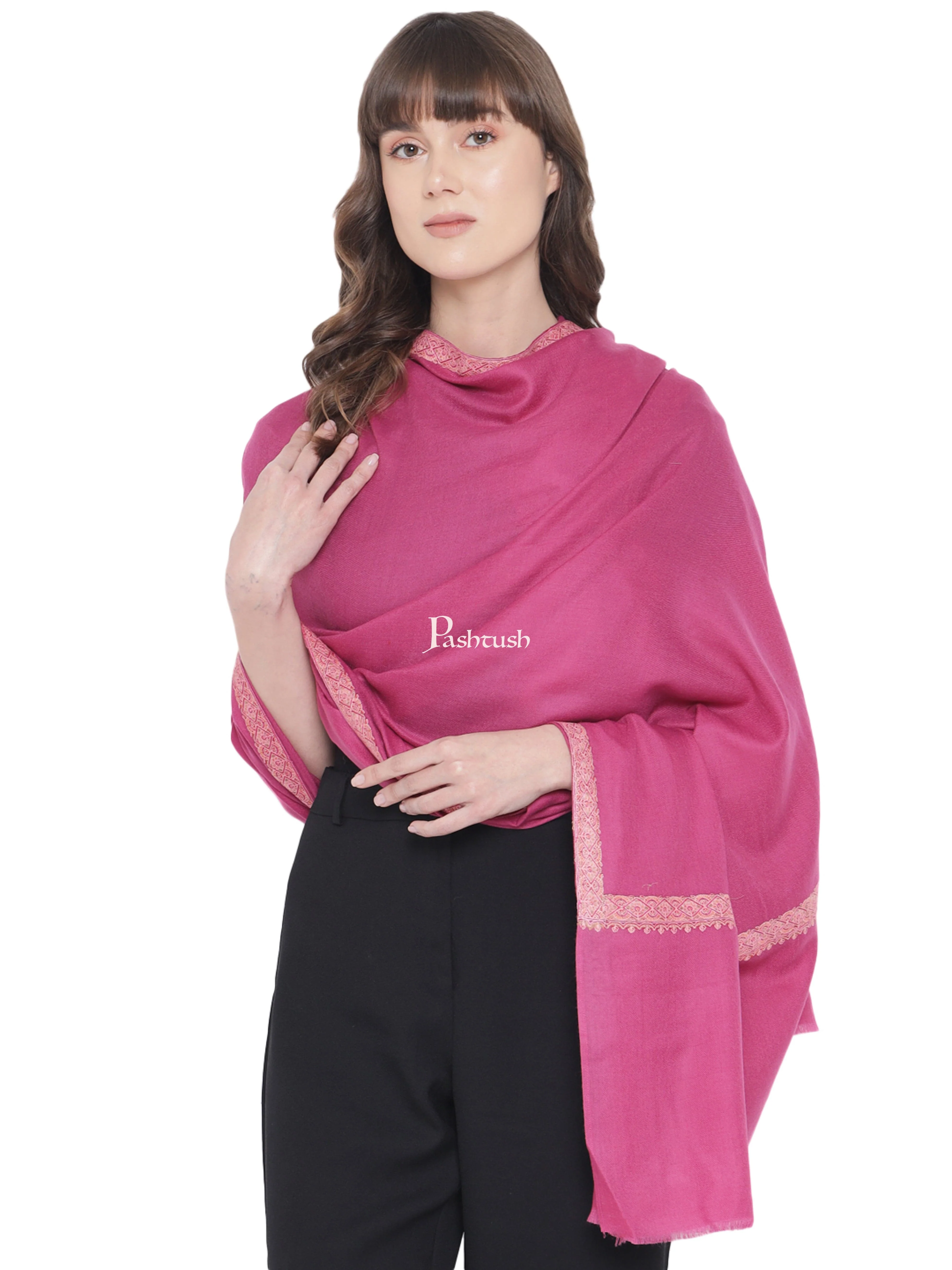 Pashtush Womens Fine Wool Embroidery Shawl, Needlework Border, Haashia, Pink - Image 4