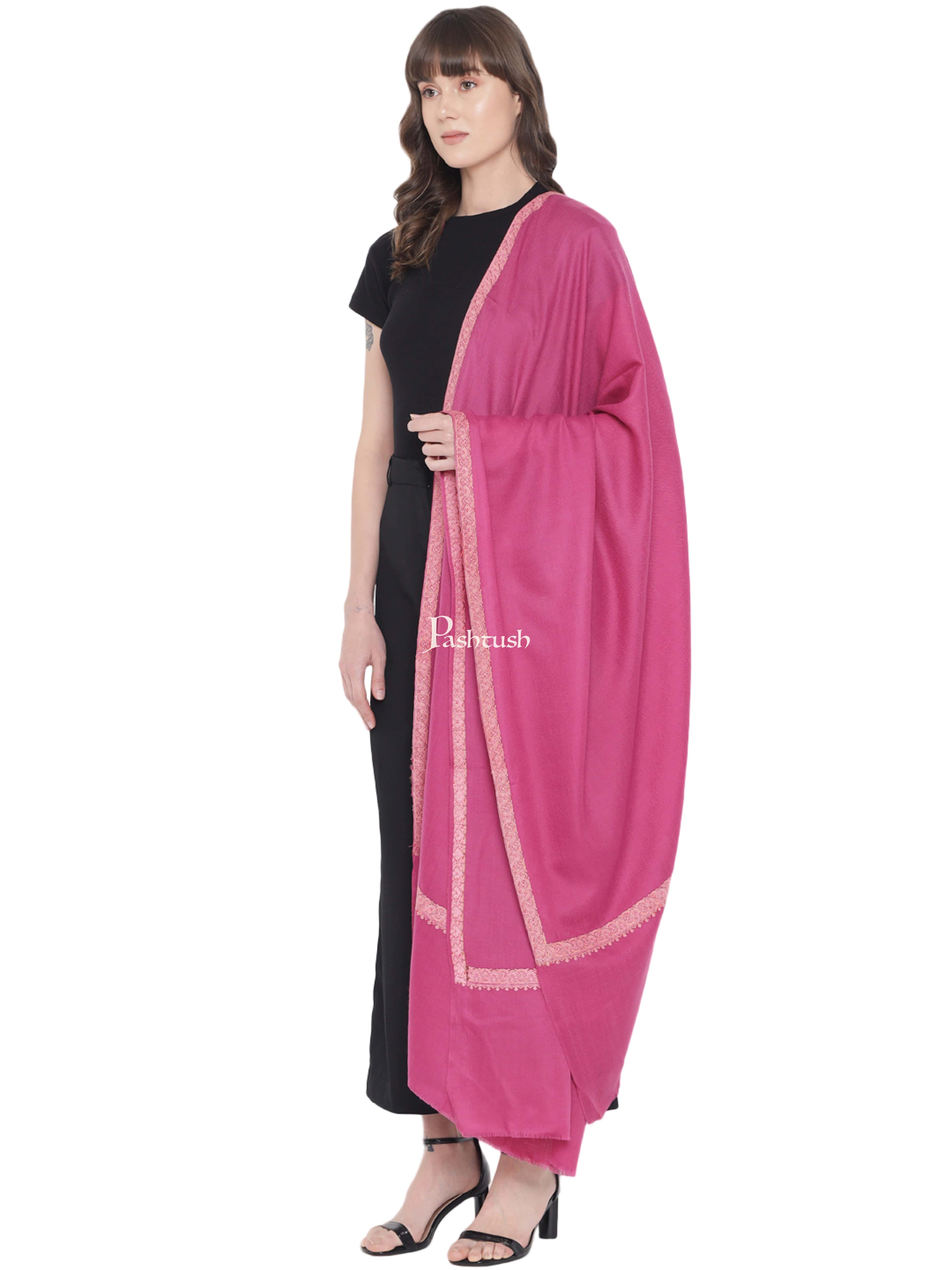 Pashtush Womens Fine Wool Embroidery Shawl, Needlework Border, Haashia, Pink - Image 5