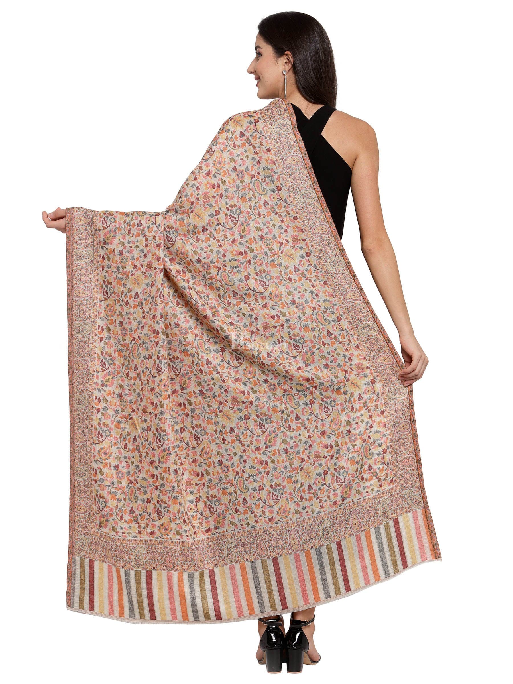 Pashtush Womens Fine Wool Ethnic Weave Shawl, Soft And Warm,Beige - Image 3