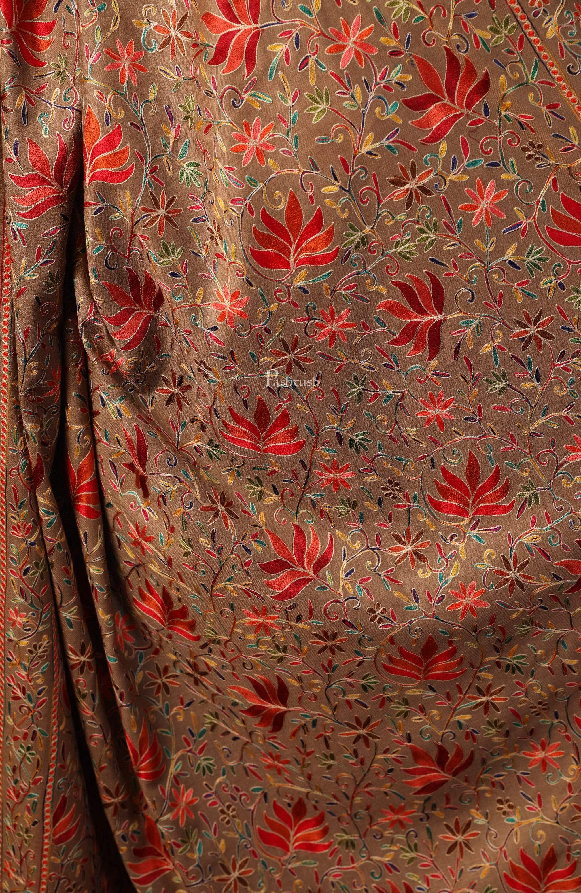 Pashtush Womens Fine Wool Hand Embroidered Nalki Shawl, Taupe - Image 2