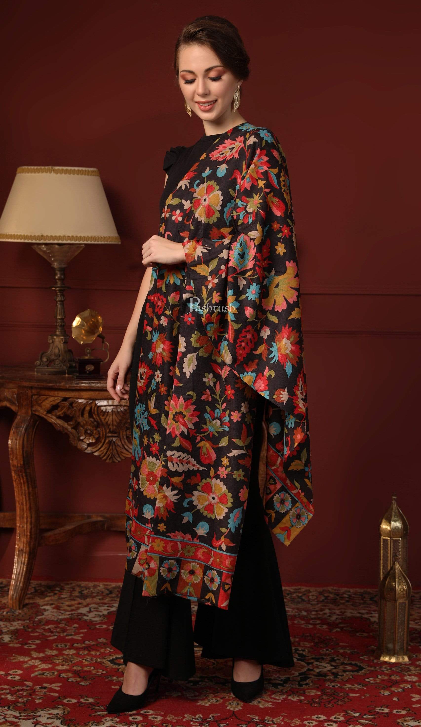 Pashtush Womens Fine Wool Hand Printed Stole, Multicoloured