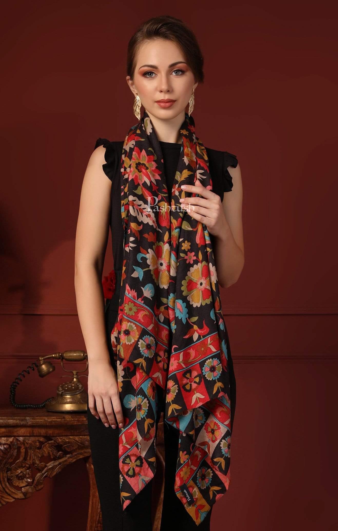 Pashtush Womens Fine Wool Hand Printed Stole, Multicoloured - Image 4