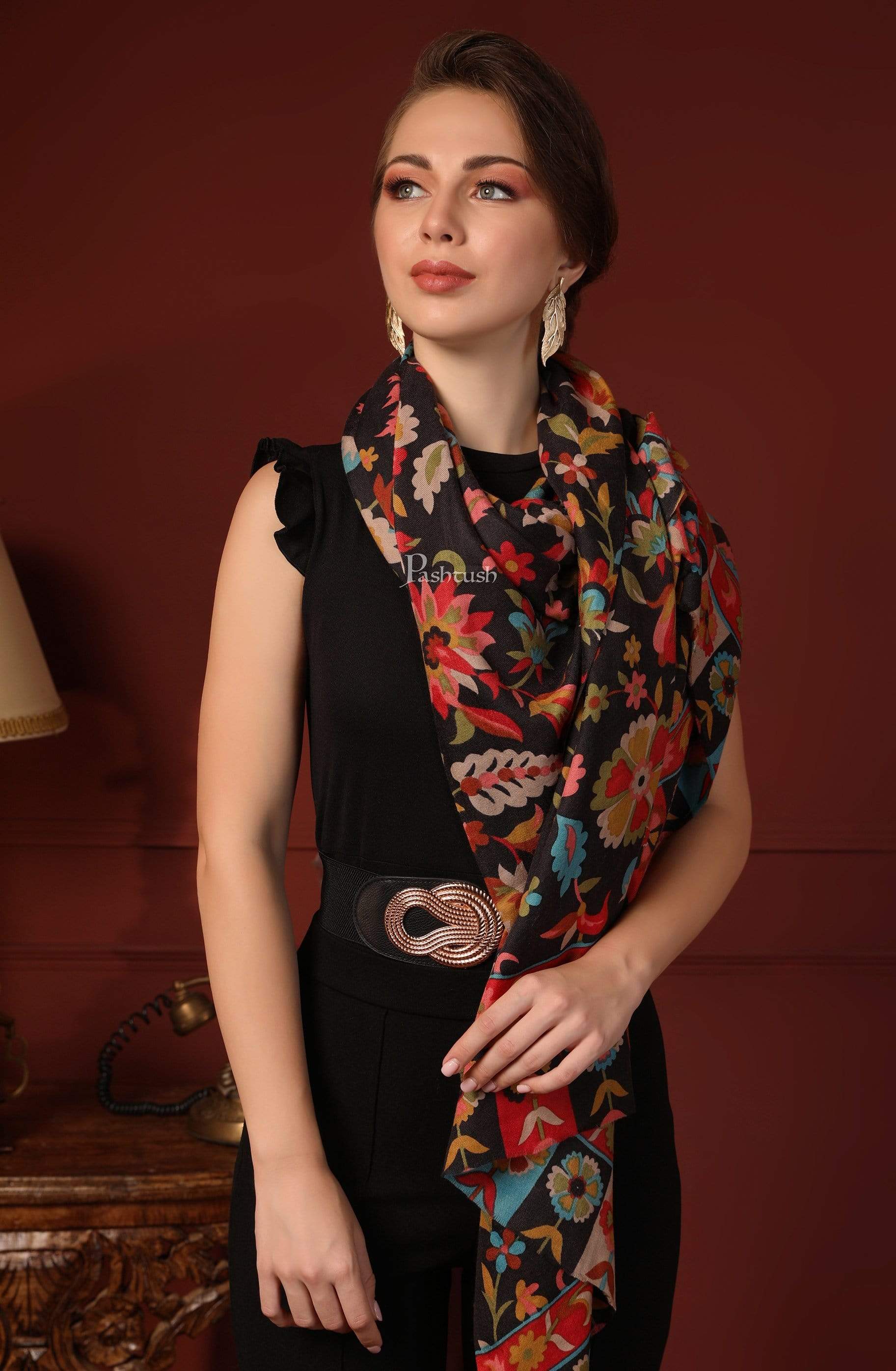 Pashtush Womens Fine Wool Hand Printed Stole, Multicoloured - Image 6