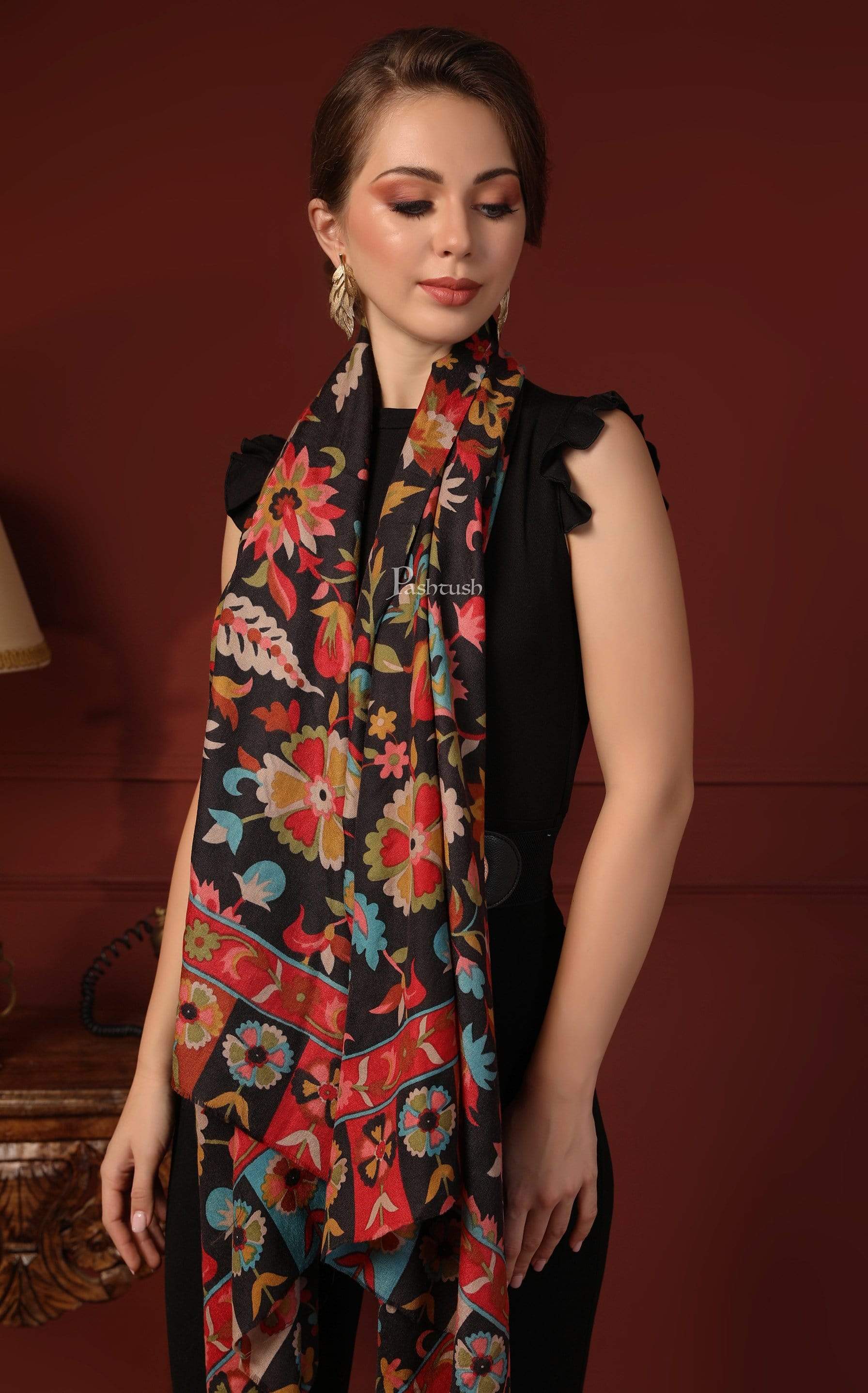 Pashtush Womens Fine Wool Hand Printed Stole, Multicoloured - Image 7