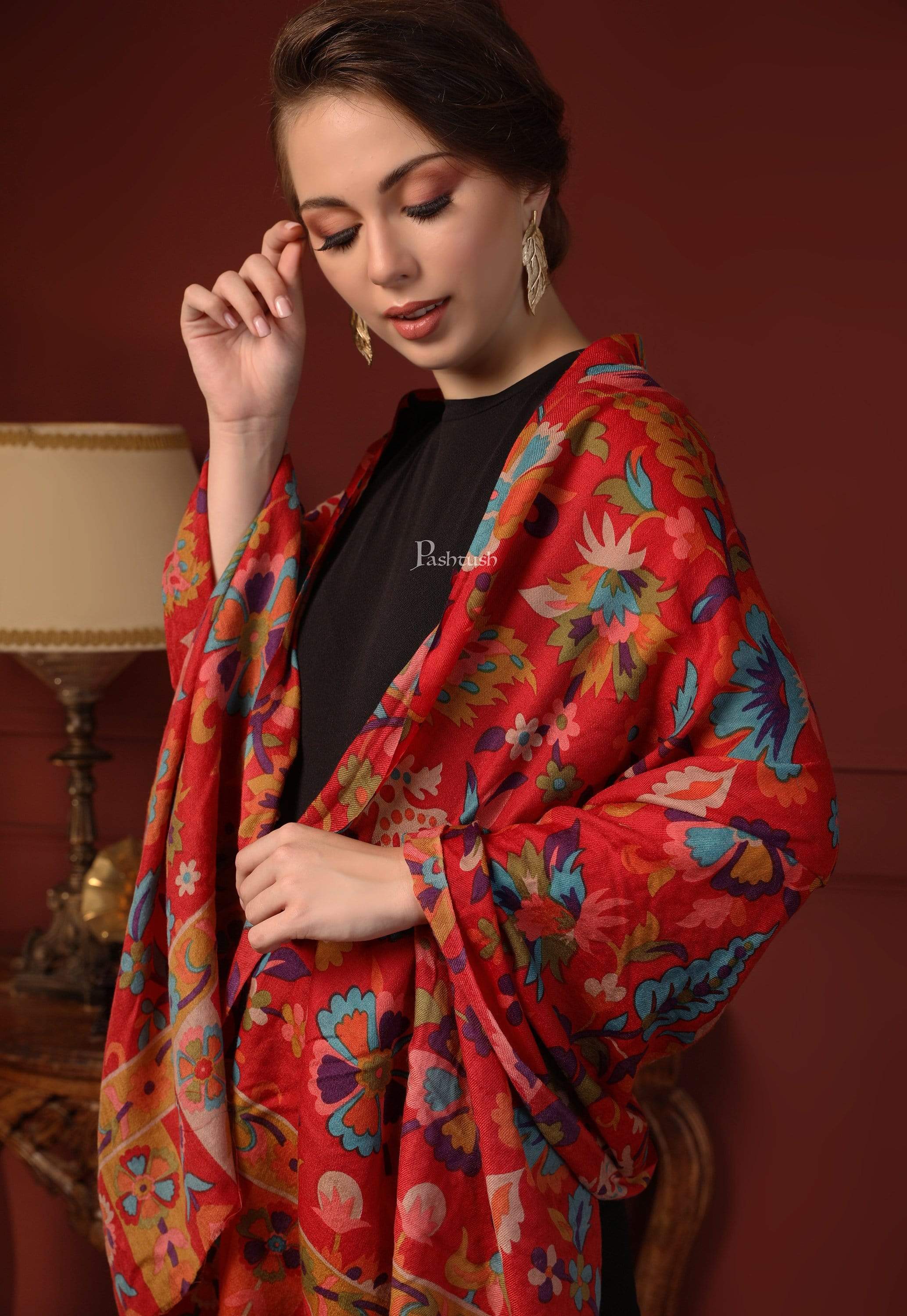 Pashtush Womens Fine Wool Hand Printed Stole, Multicoloured - Image 2