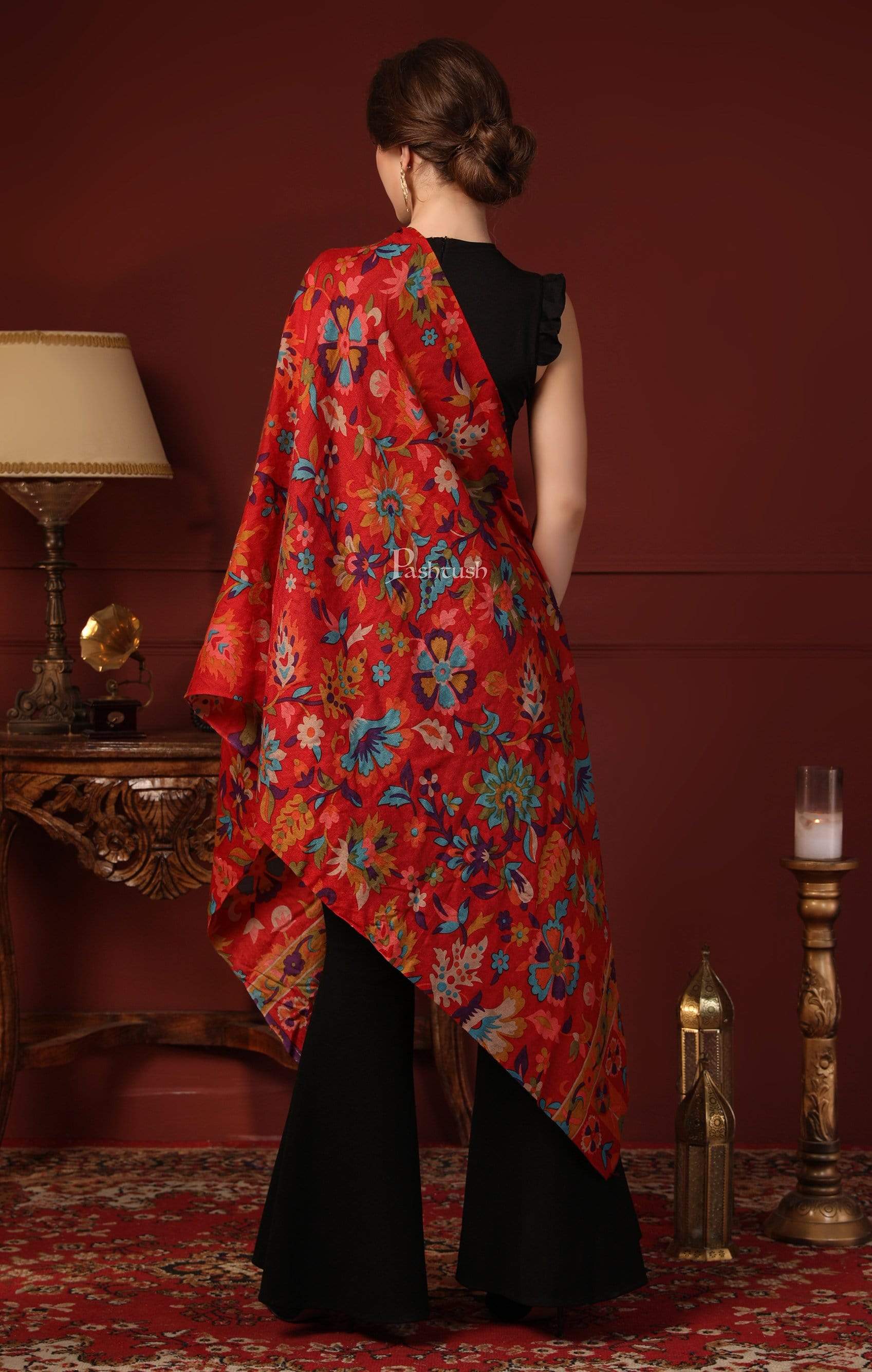 Pashtush Womens Fine Wool Hand Printed Stole, Multicoloured - Image 4