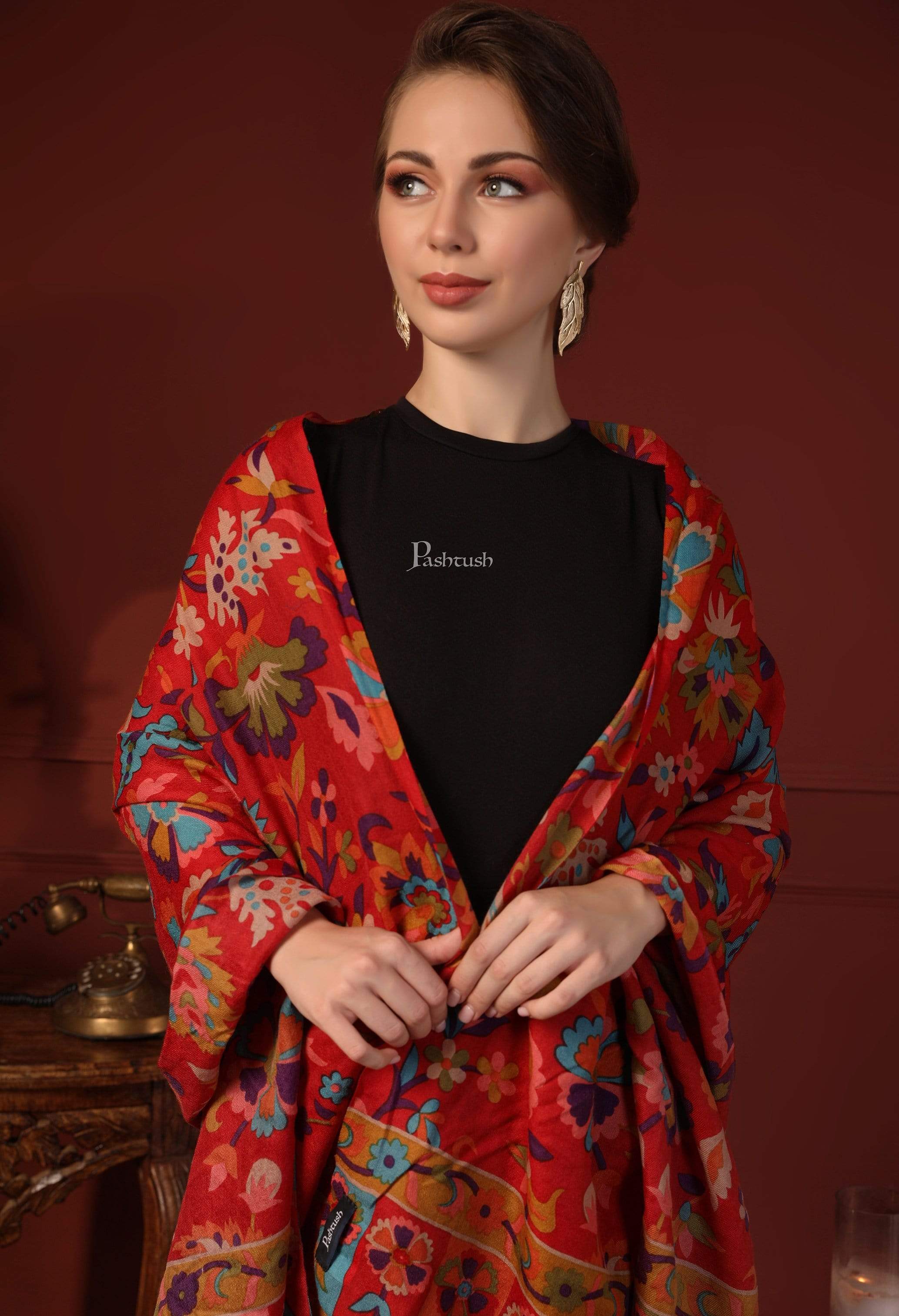 Pashtush Womens Fine Wool Hand Printed Stole, Multicoloured - Image 6
