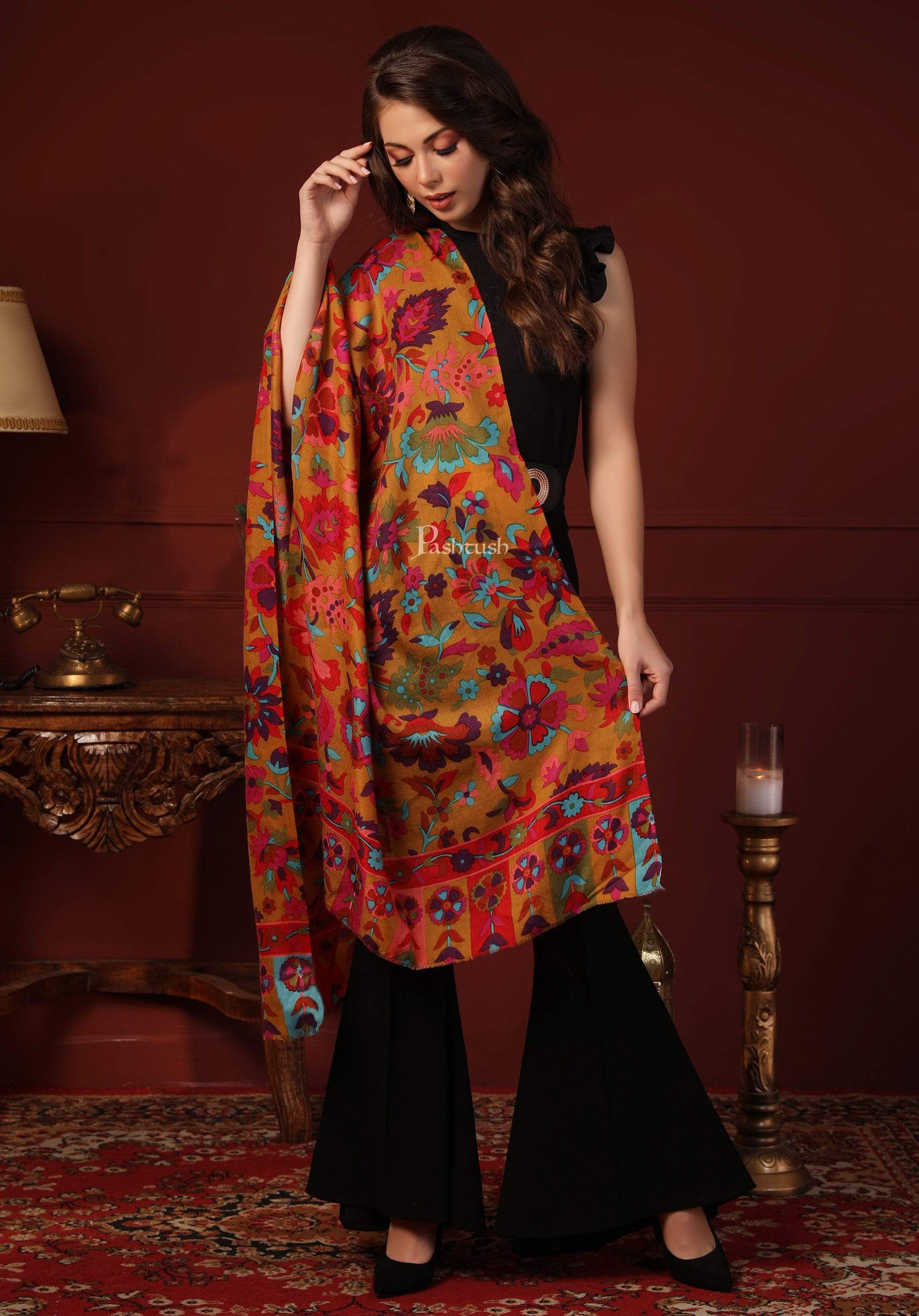 Pashtush Womens Fine Wool Hand Printed Stole Scarf - Image 3