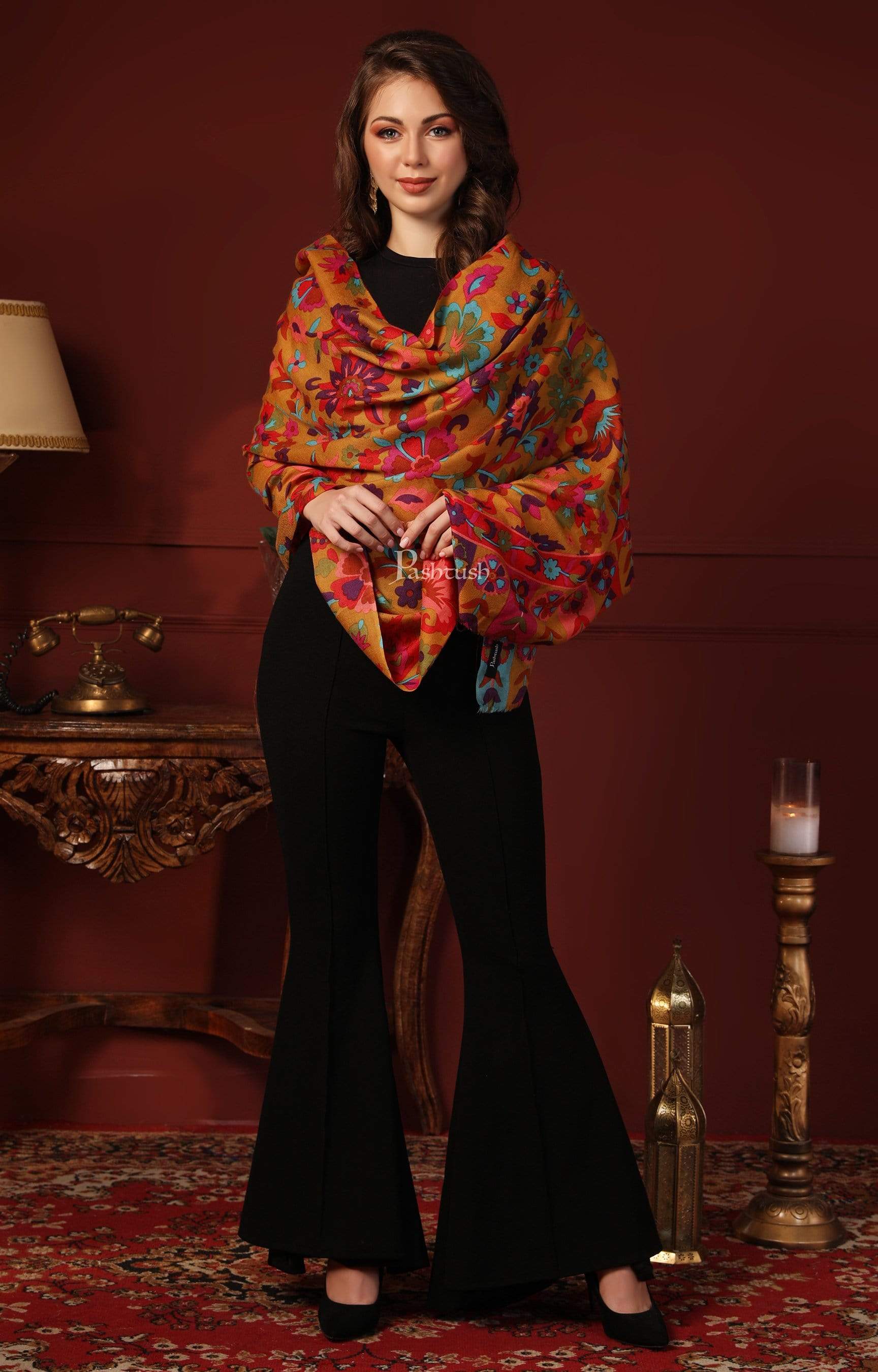 Pashtush Womens Fine Wool Hand Printed Stole Scarf - Image 4