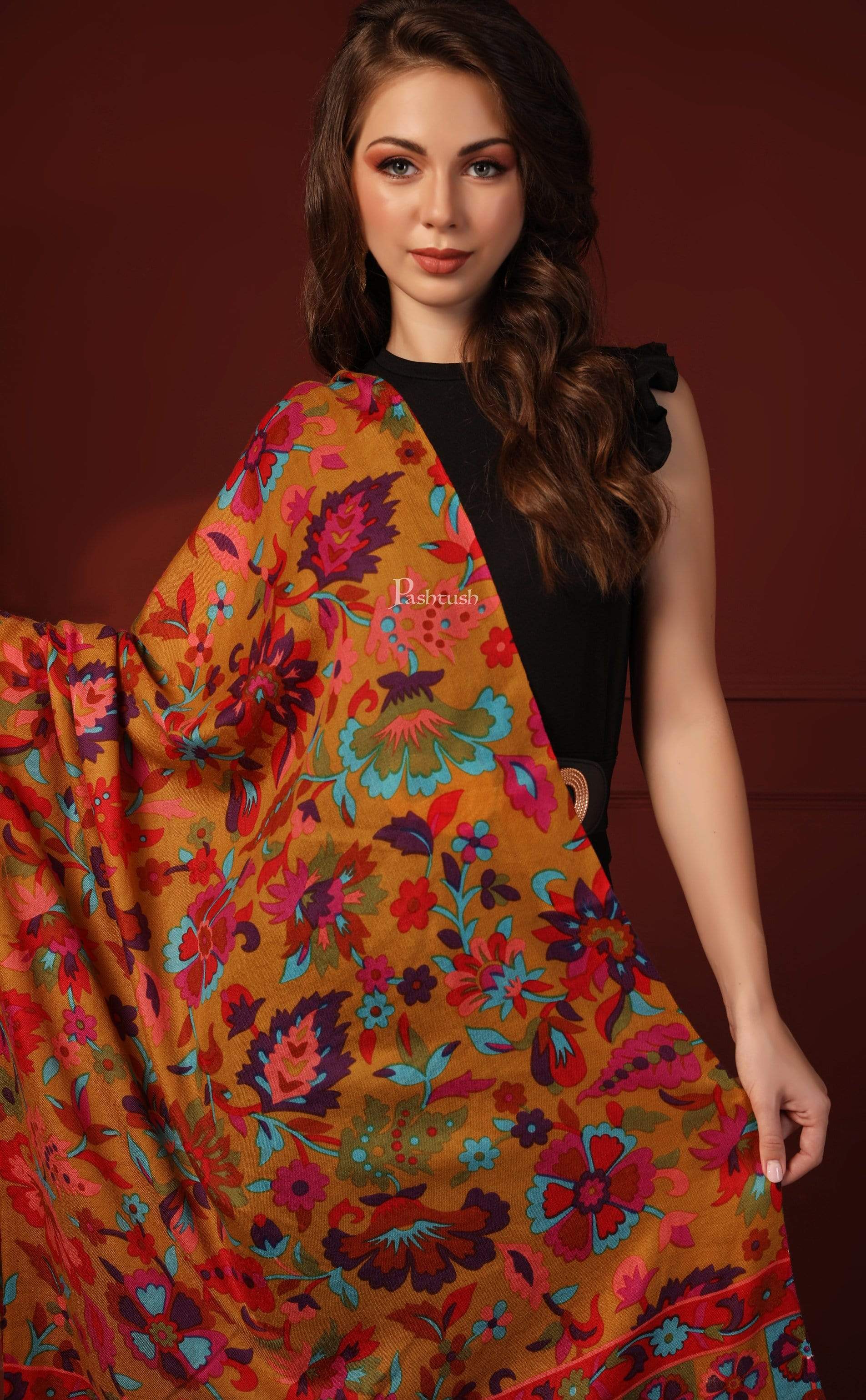 Pashtush Womens Fine Wool Hand Printed Stole Scarf - Image 5