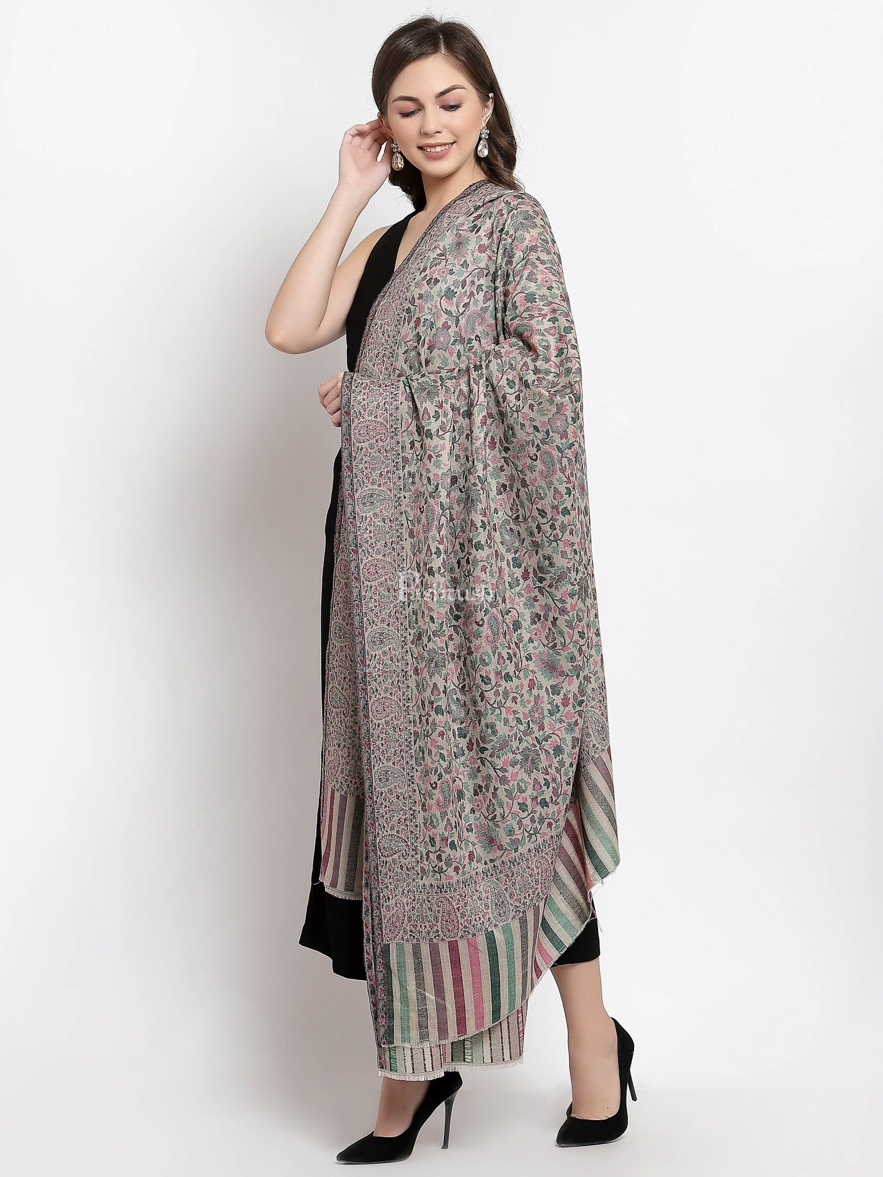 Pashtush Womens Fine Wool Ethnic Weave Shawl, Soft And Warm, Beige