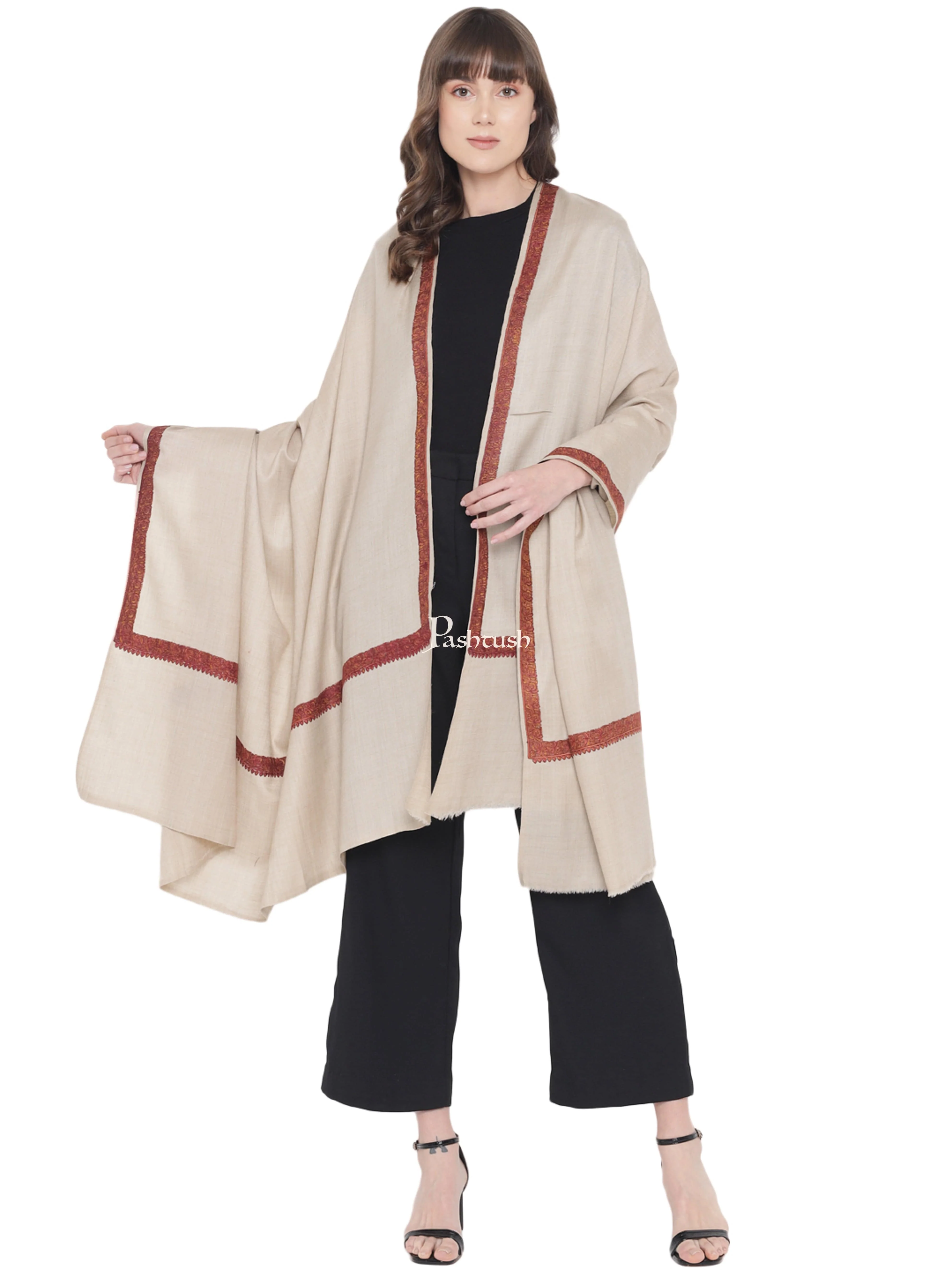 Pashtush Womens Fine Wool Kashmiri Embroidery Shawl, Needlework Border, Haashia, Beige - Image 2