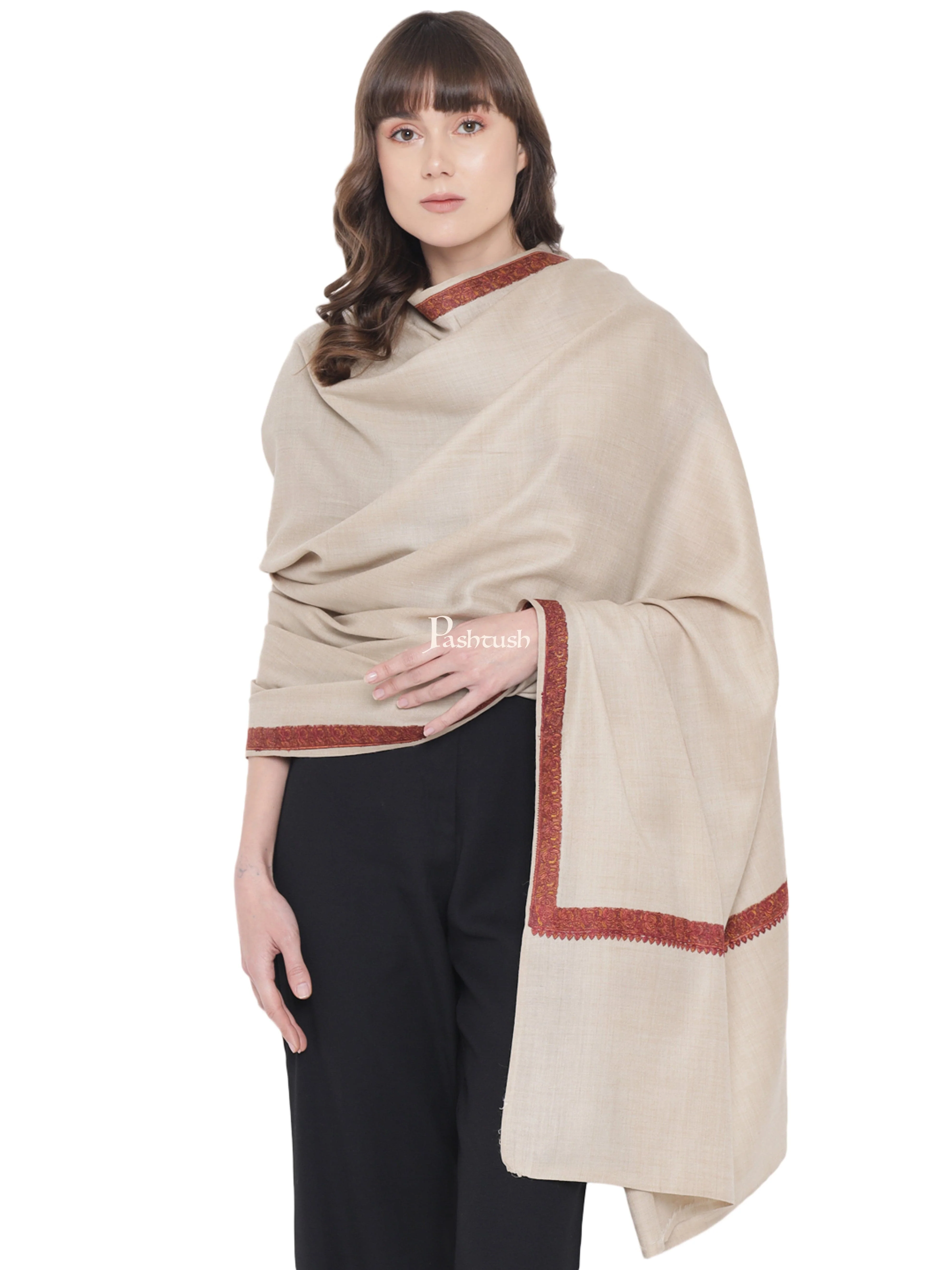 Pashtush Womens Fine Wool Kashmiri Embroidery Shawl, Needlework Border, Haashia, Beige - Image 5