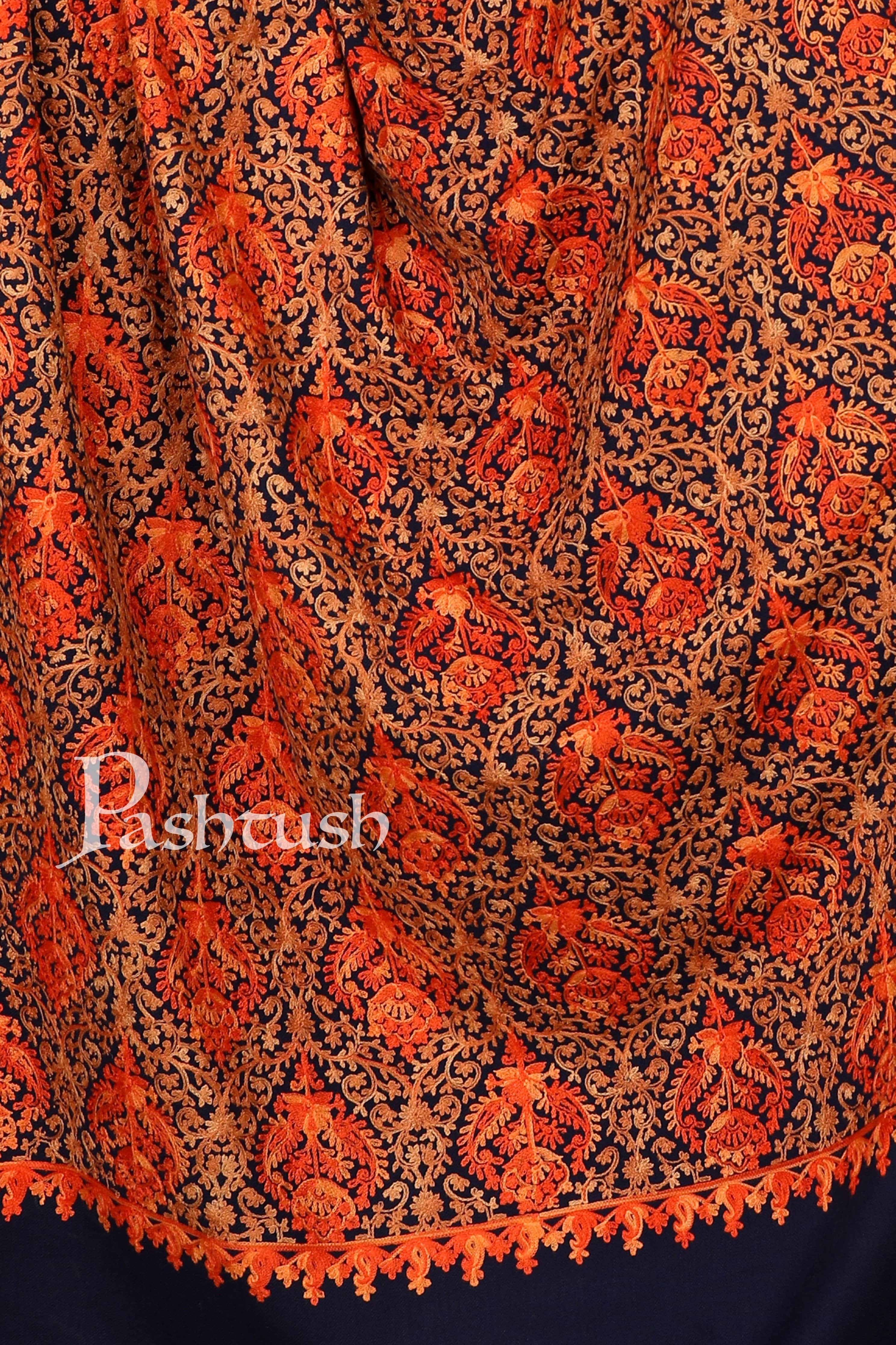 Pashtush Womens Fine Wool, Nalki Embroidery Needlework Shawl, Navy Blue - Image 2