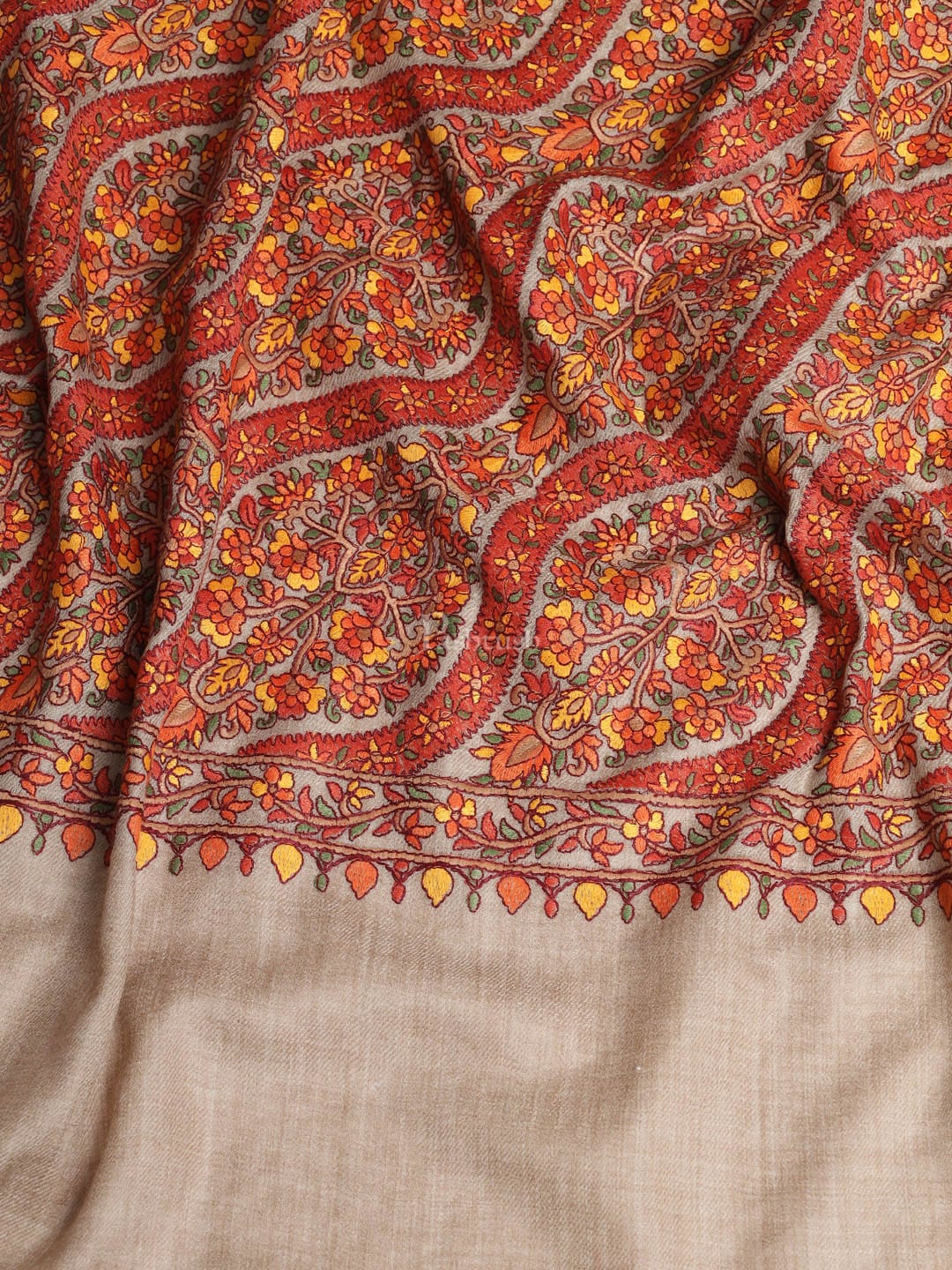 Pashtush Womens Shawl, Fine Wool, Needlework Jaal, Papier Mache Embroidery, Beige - Image 10