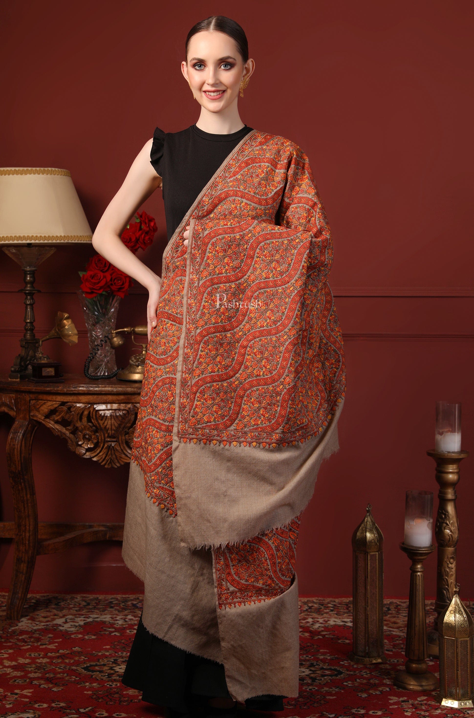 Pashtush Womens Shawl, Fine Wool, Needlework Jaal, Papier Mache Embroidery, Beige - Image 3