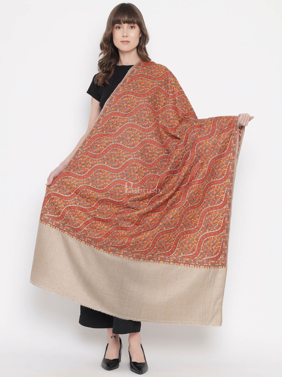 Pashtush Womens Shawl, Fine Wool, Needlework Jaal, Papier Mache Embroidery, Beige - Image 8