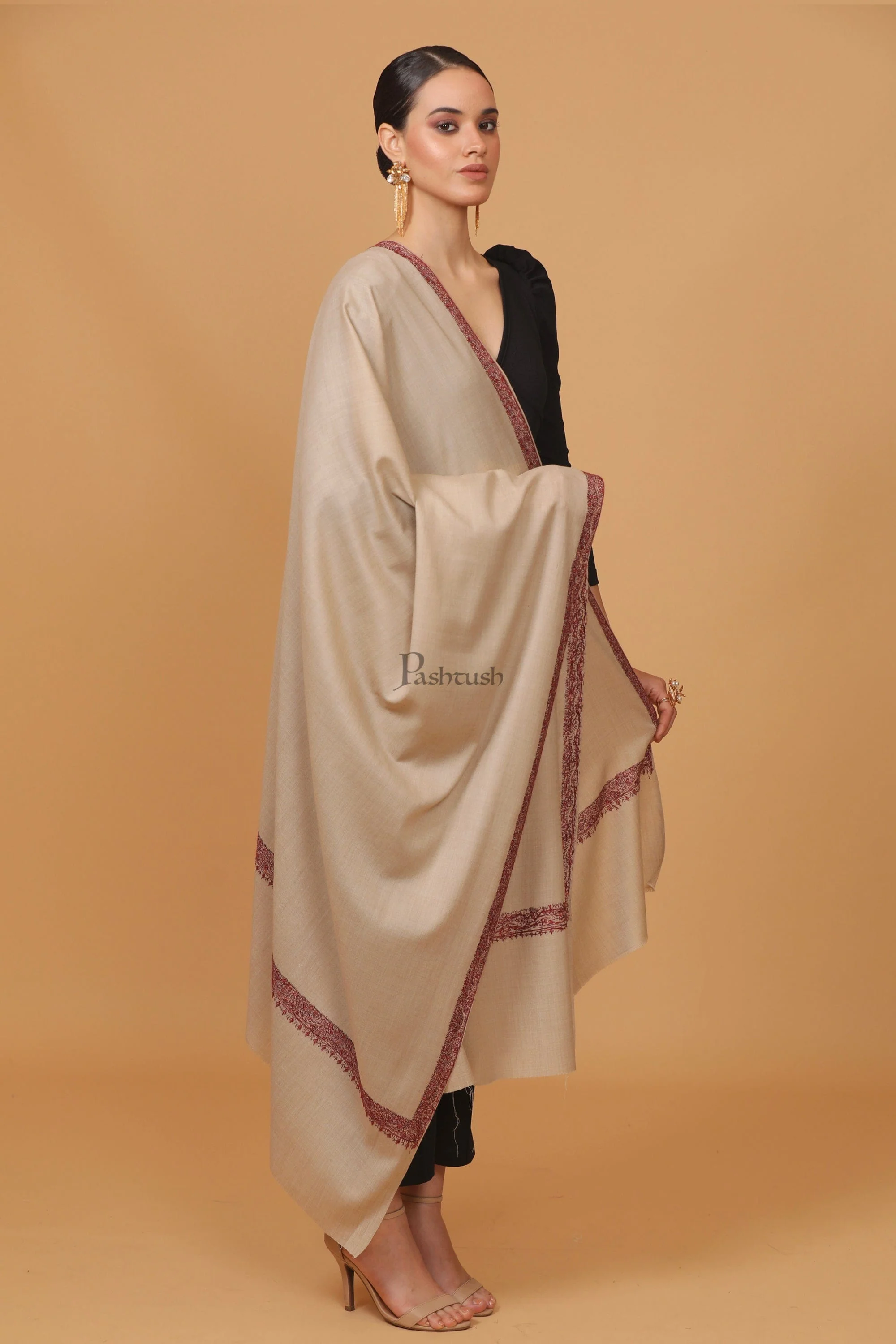 Pashtush womens Fine Wool shawl, 100% hand embroidery border design, Beige - Image 4