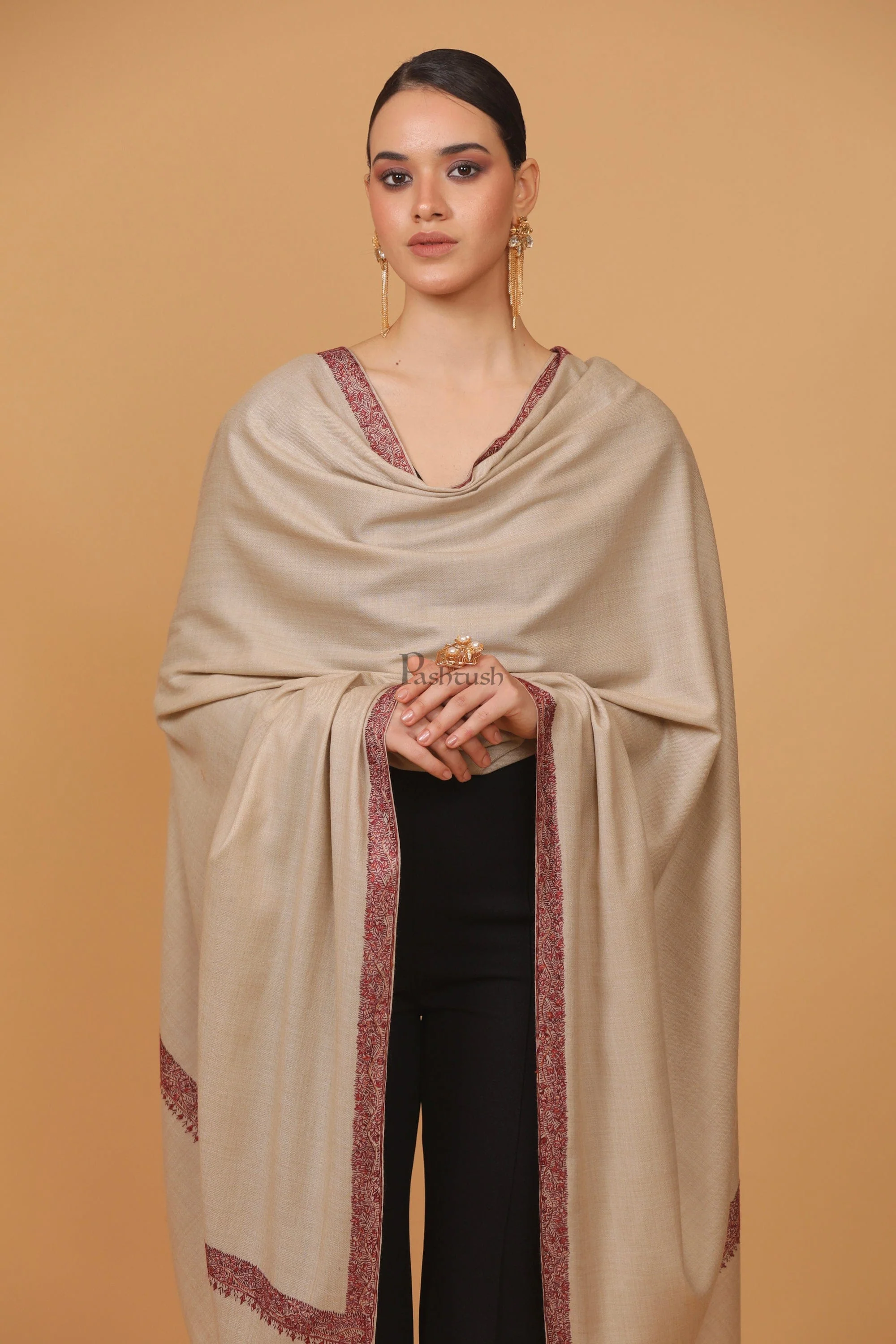 Pashtush womens Fine Wool shawl, 100% hand embroidery border design, Beige - Image 6