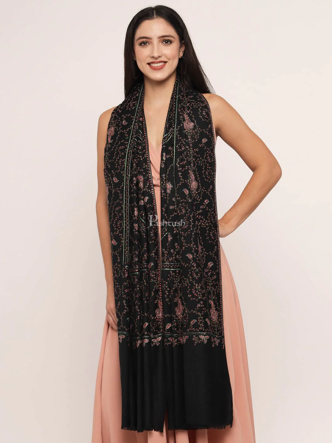 Pashtush womens Fine Wool shawl, 100% hand embroidery design, Black