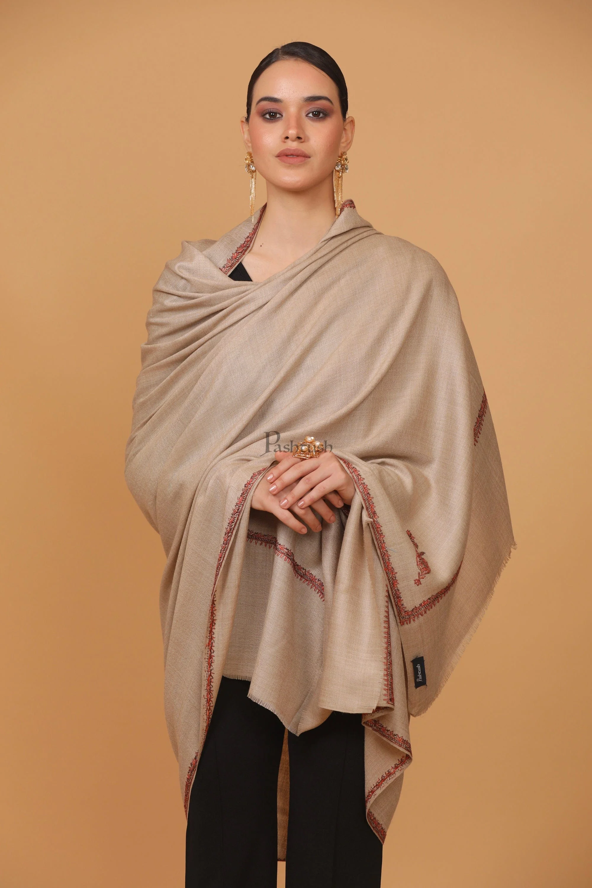 Pashtush Womens Fine Wool Shawl, 100% Hand Embroidery Kingri Design, Beige