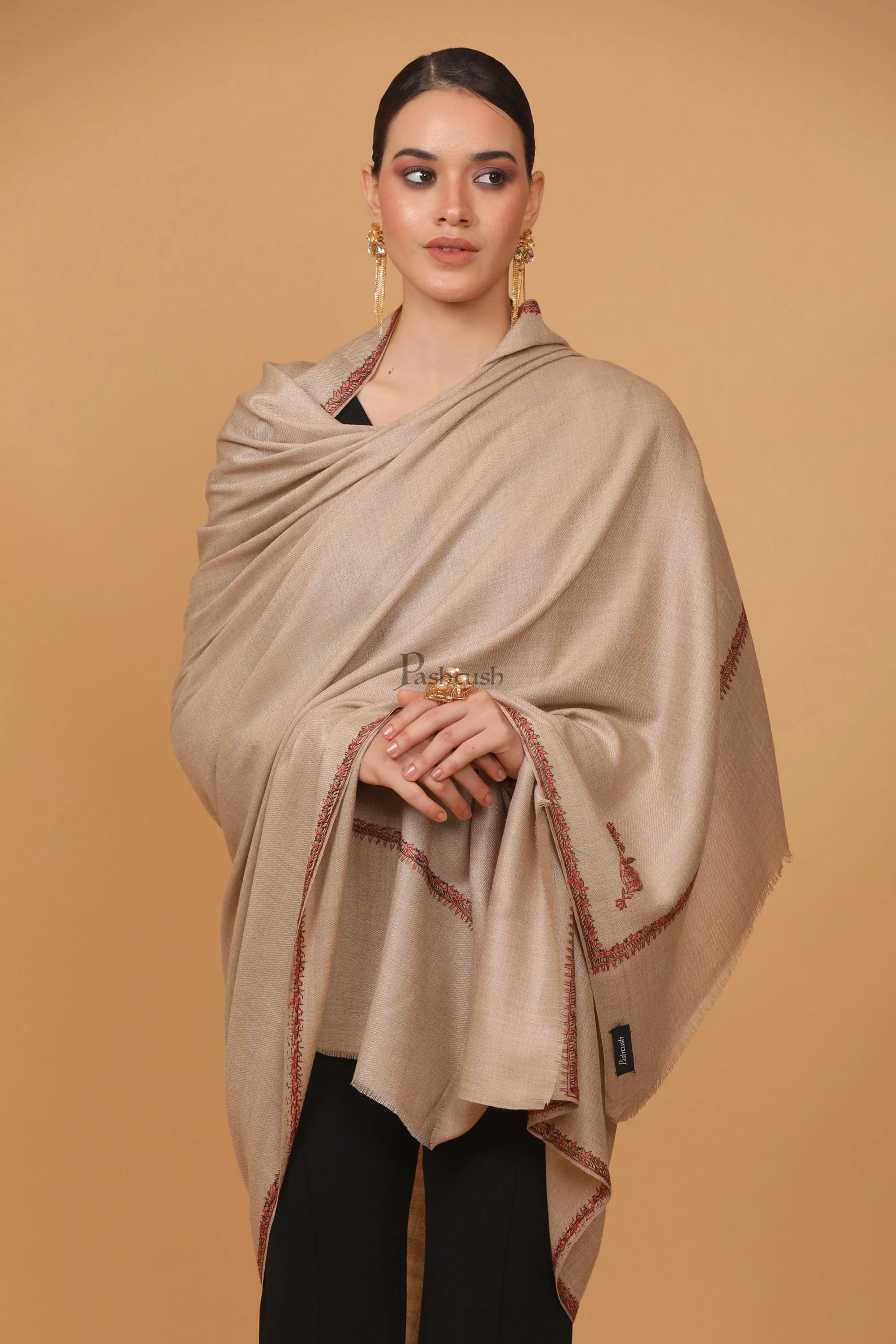 Pashtush Womens Fine Wool Shawl, 100% Hand Embroidery Kingri Design, Beige - Image 4