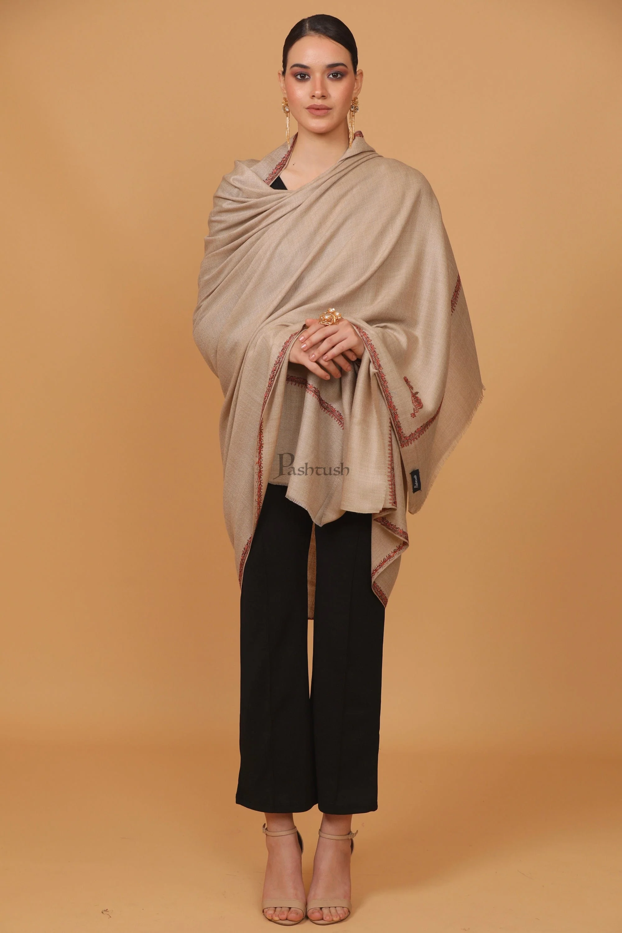 Pashtush Womens Fine Wool Shawl, 100% Hand Embroidery Kingri Design, Beige - Image 5