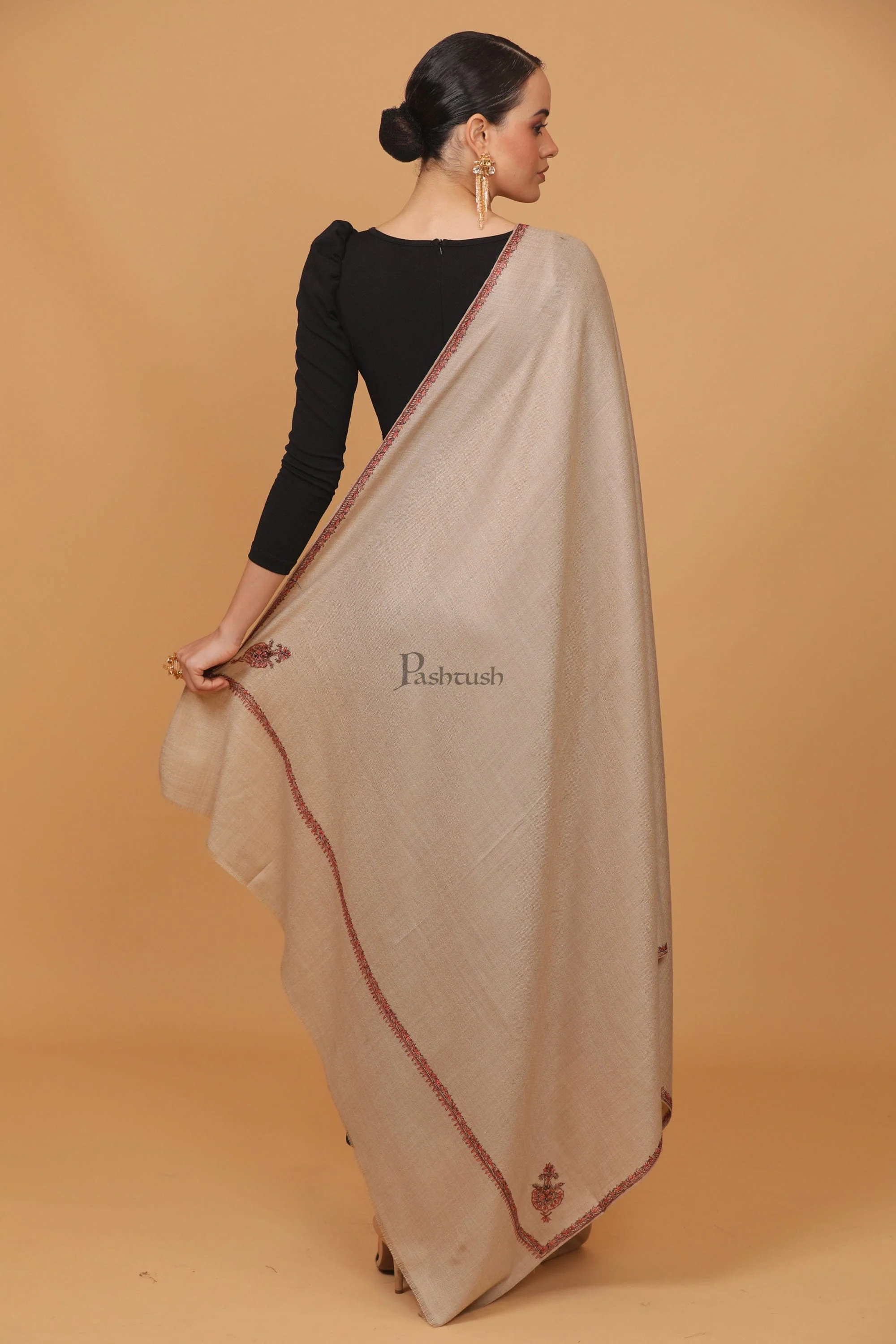 Pashtush Womens Fine Wool Shawl, 100% Hand Embroidery Kingri Design, Beige - Image 6