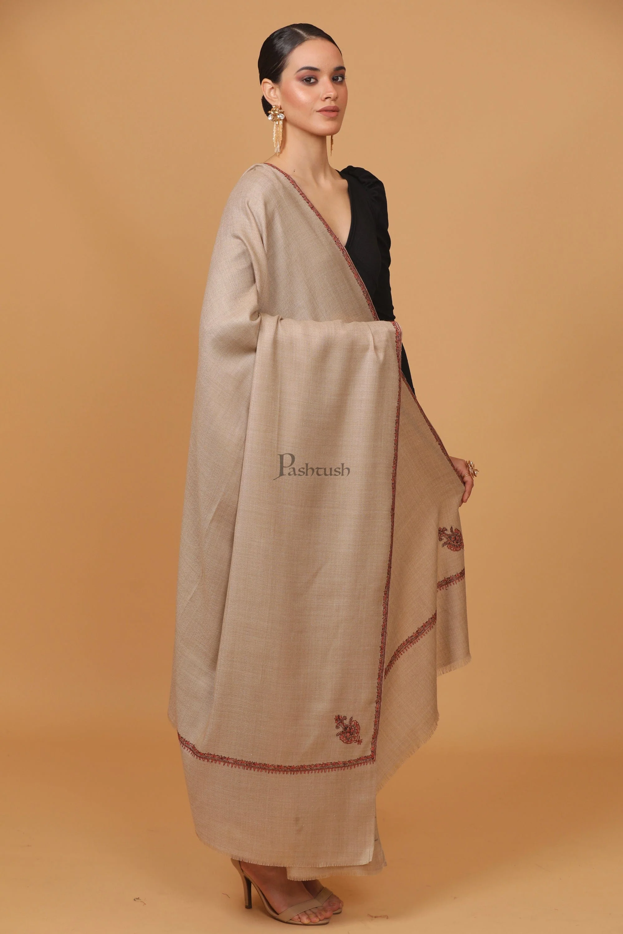 Pashtush Womens Fine Wool Shawl, 100% Hand Embroidery Kingri Design, Beige - Image 7
