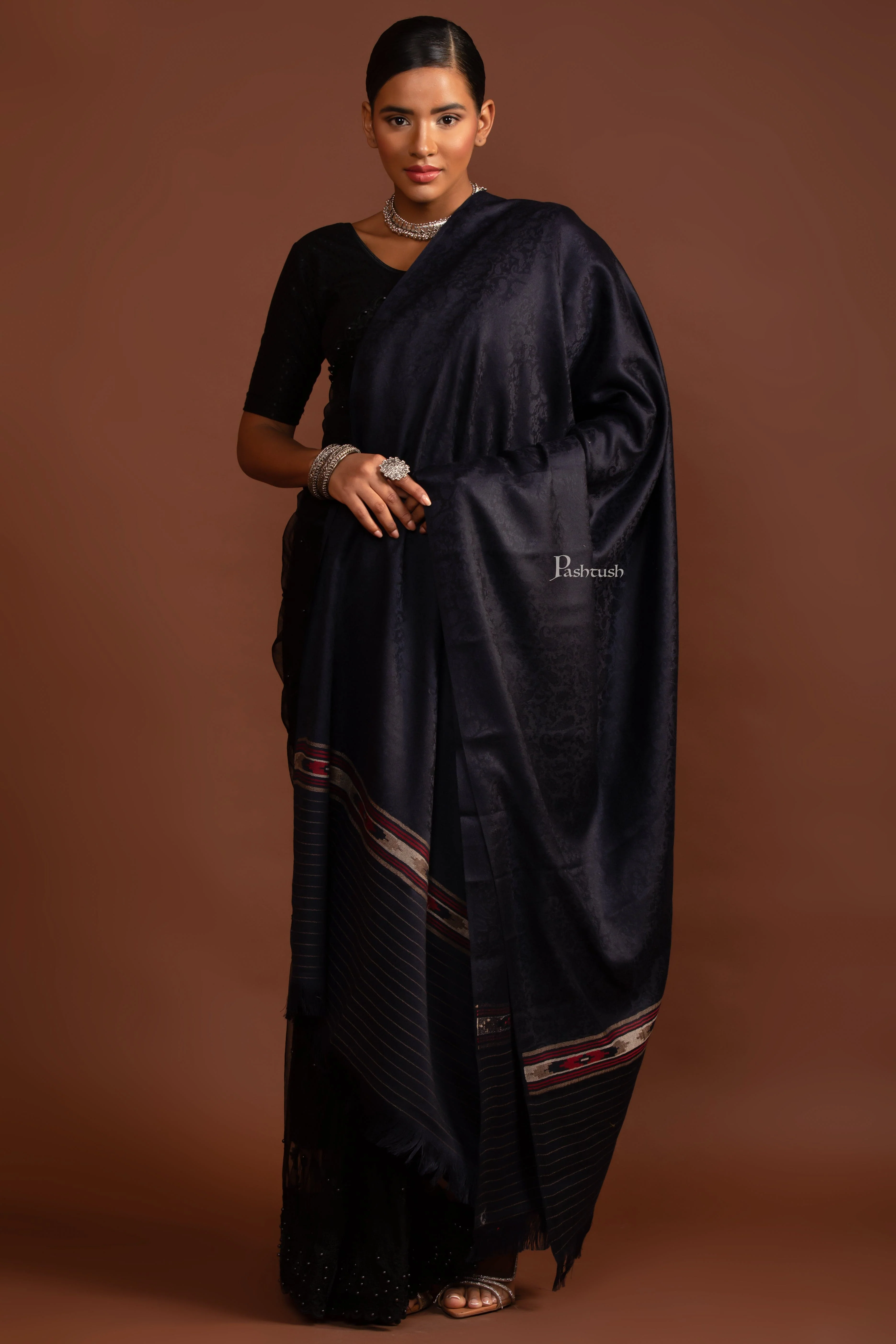 Pashtush Womens Fine Wool Shawl, Aztec Palla, Navy Blue - Image 4