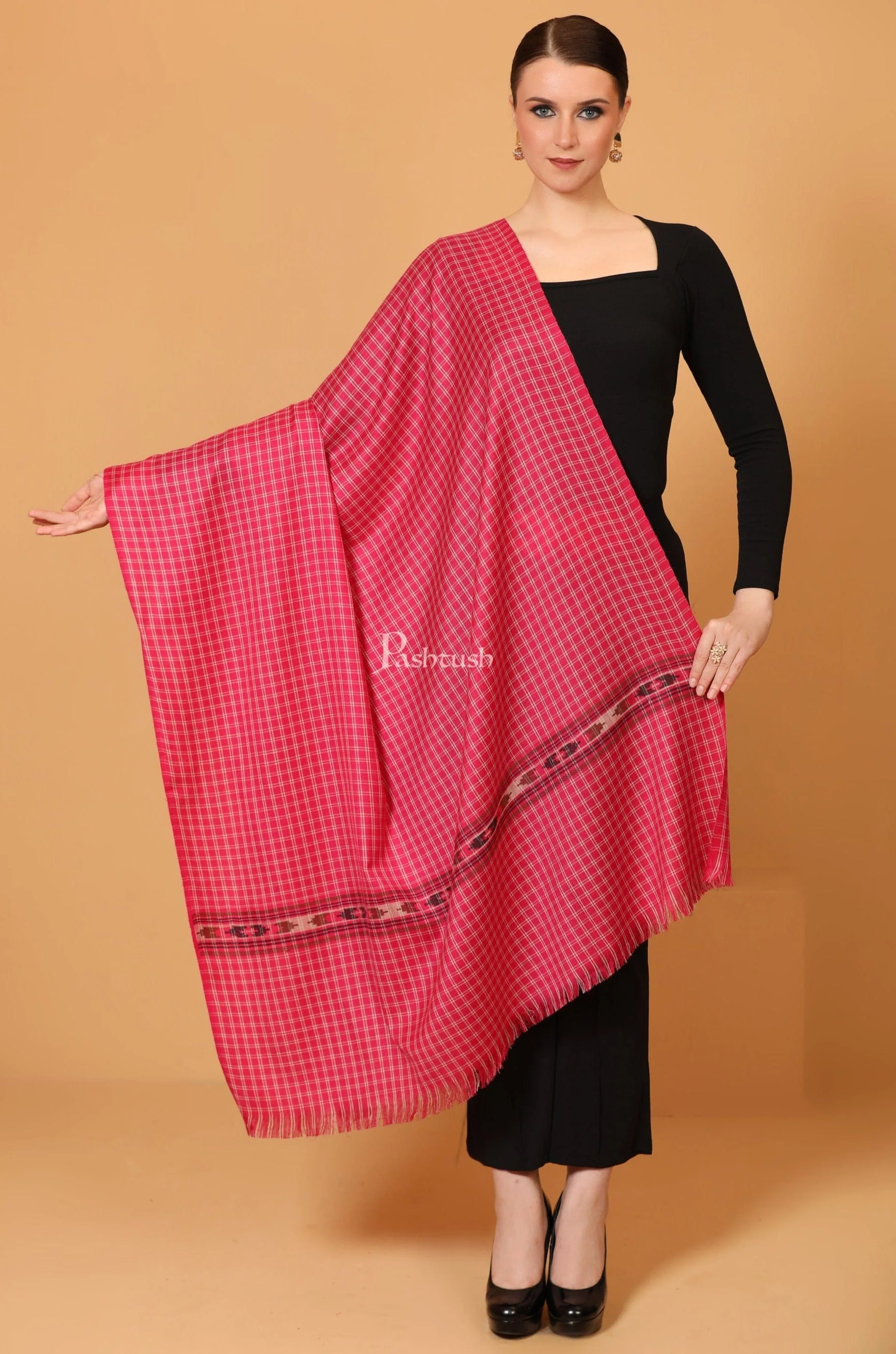 Pashtush Womens Fine Wool Shawl, Aztec Weave, Woven Design, Fuschia