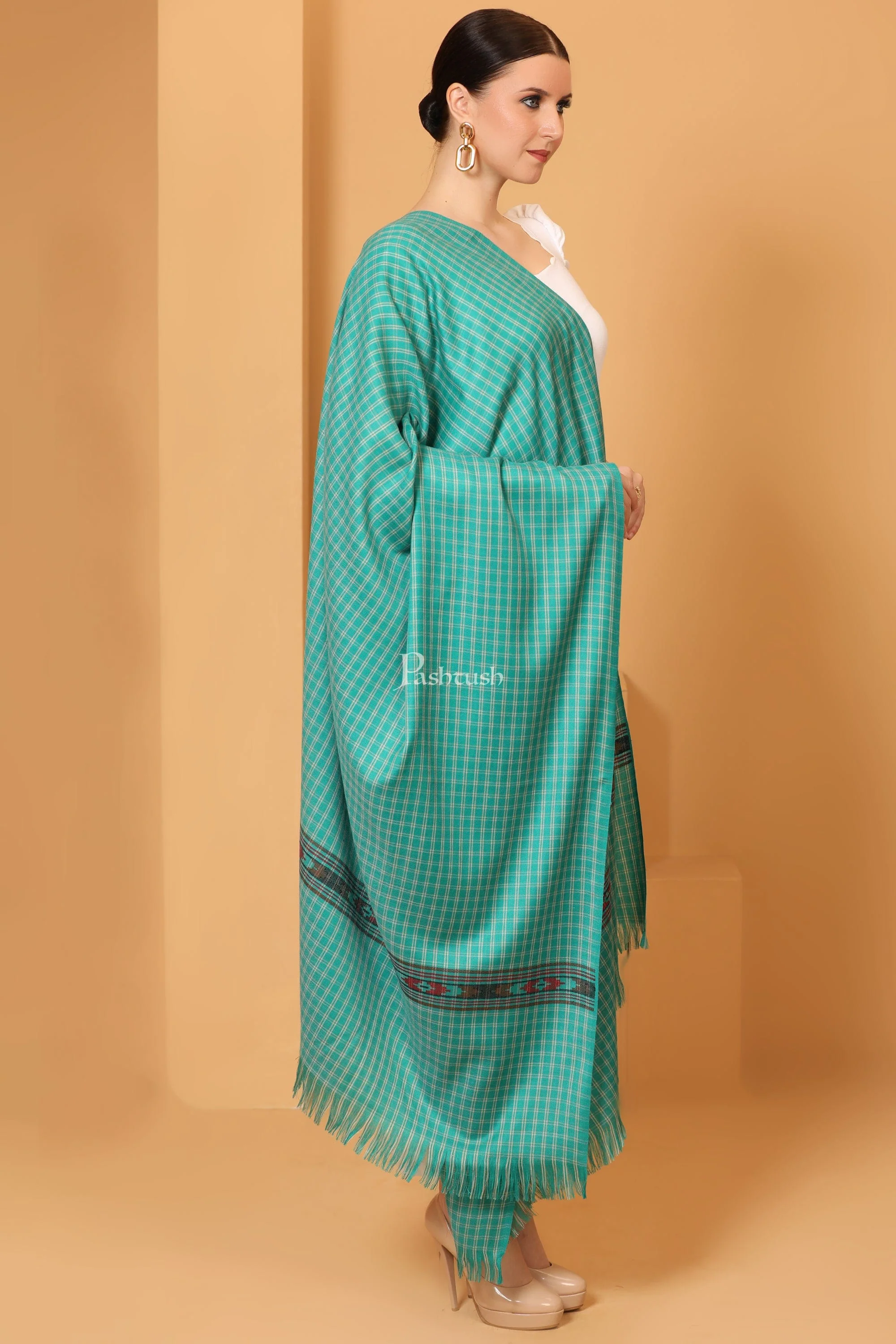 Pashtush Womens Fine Wool Shawl, Aztec Weave, Woven Design, Sea Green - Image 4