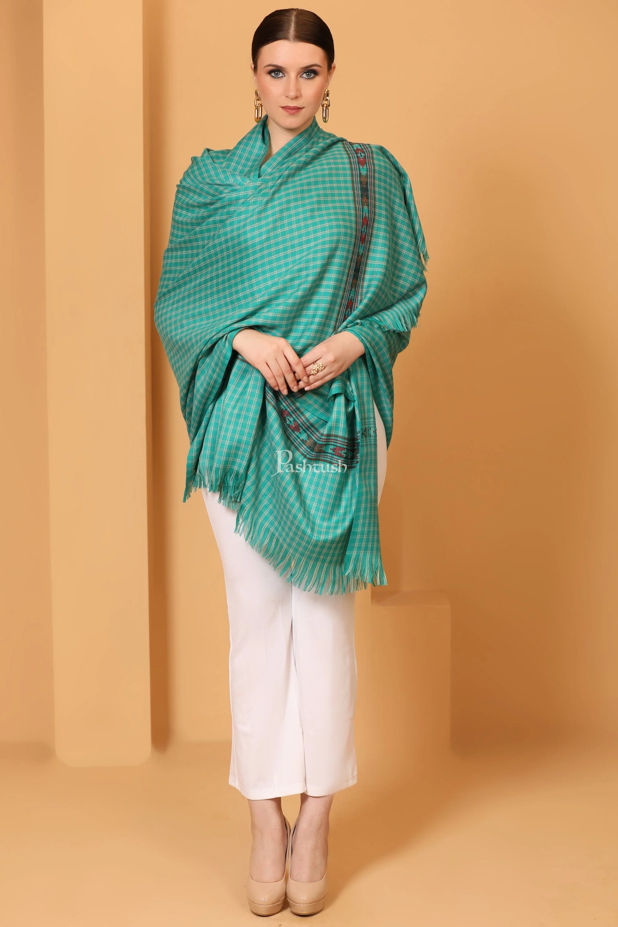 Pashtush Womens Fine Wool Shawl, Aztec Weave, Woven Design, Sea Green - Image 7