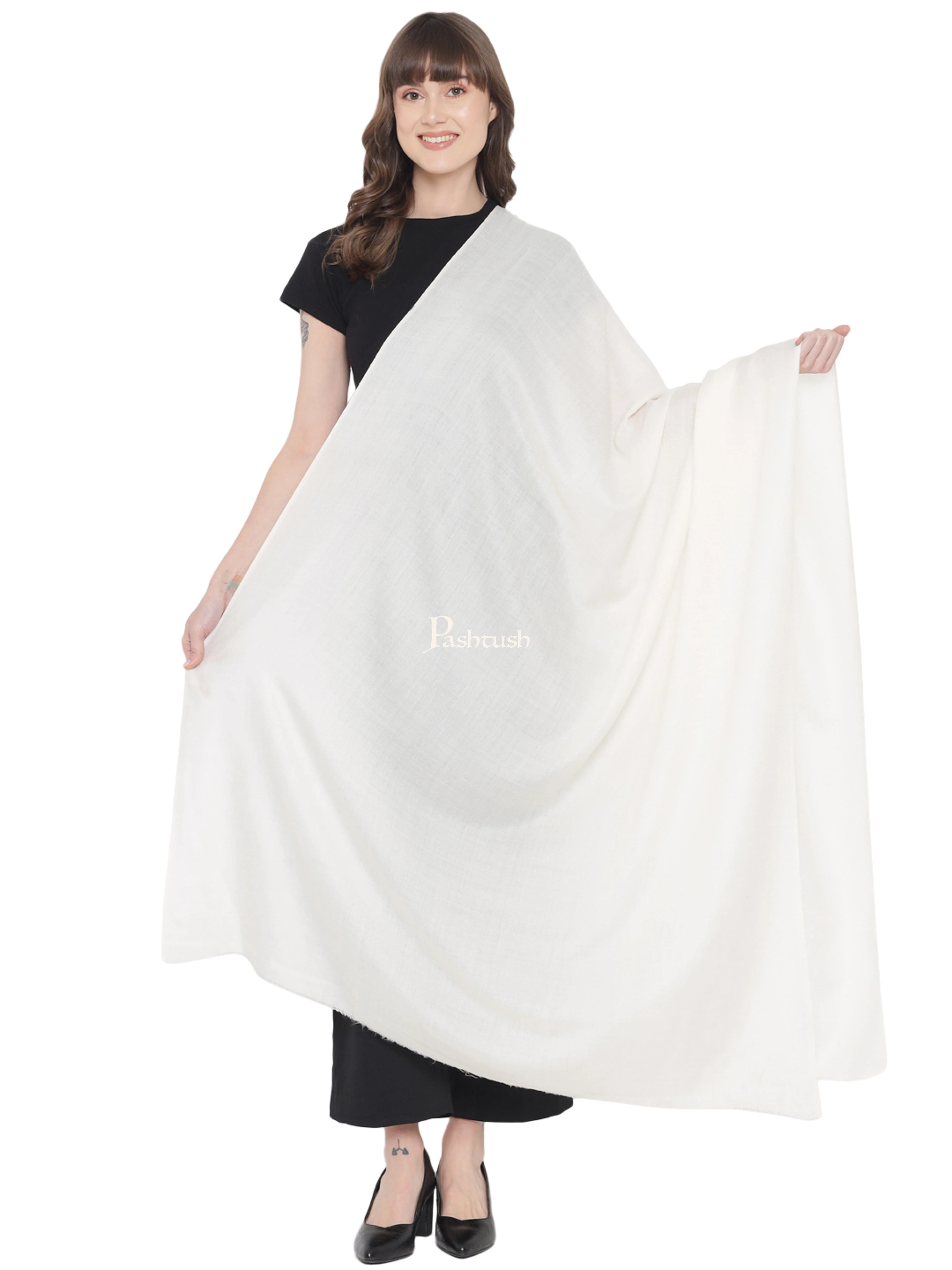 Pashtush Womens Fine Wool Shawl, Basics, Extra Soft Warm Light Weight, Solid Ivory - Image 4