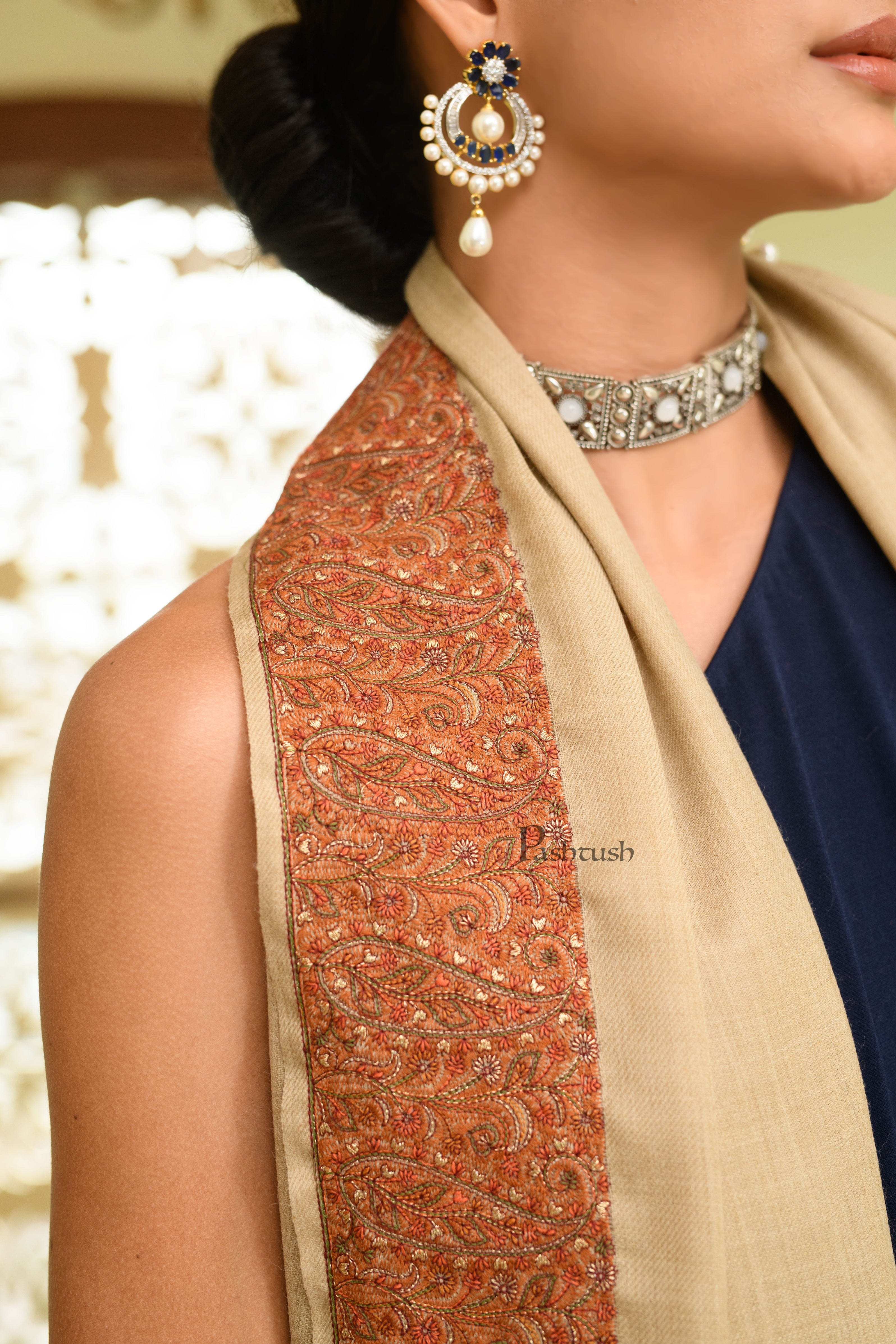 Pashtush Womens Fine Wool Shawl, Border Embroidery Challa Daur Design, Beige - Image 2