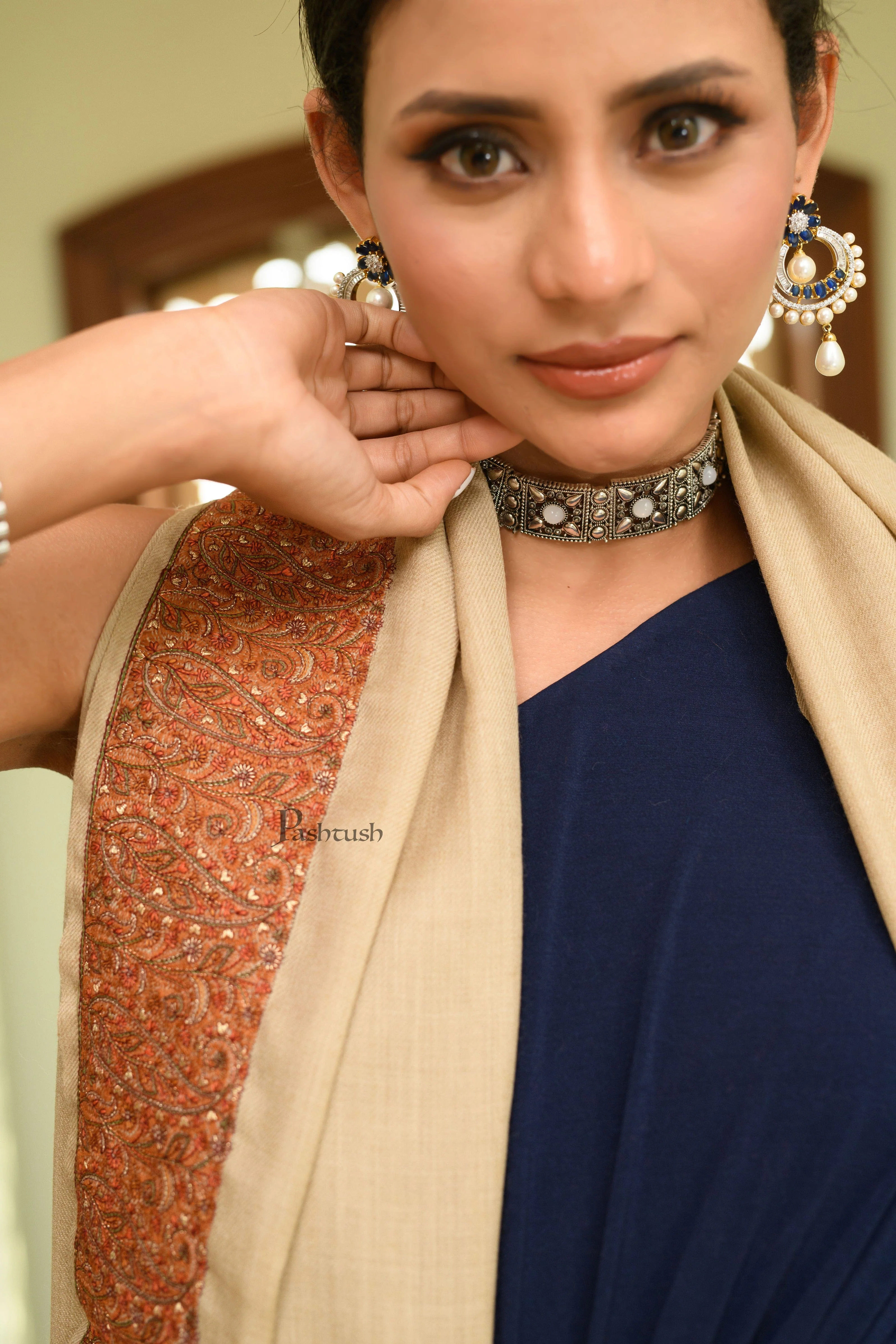 Pashtush Womens Fine Wool Shawl, Border Embroidery Challa Daur Design, Beige - Image 3