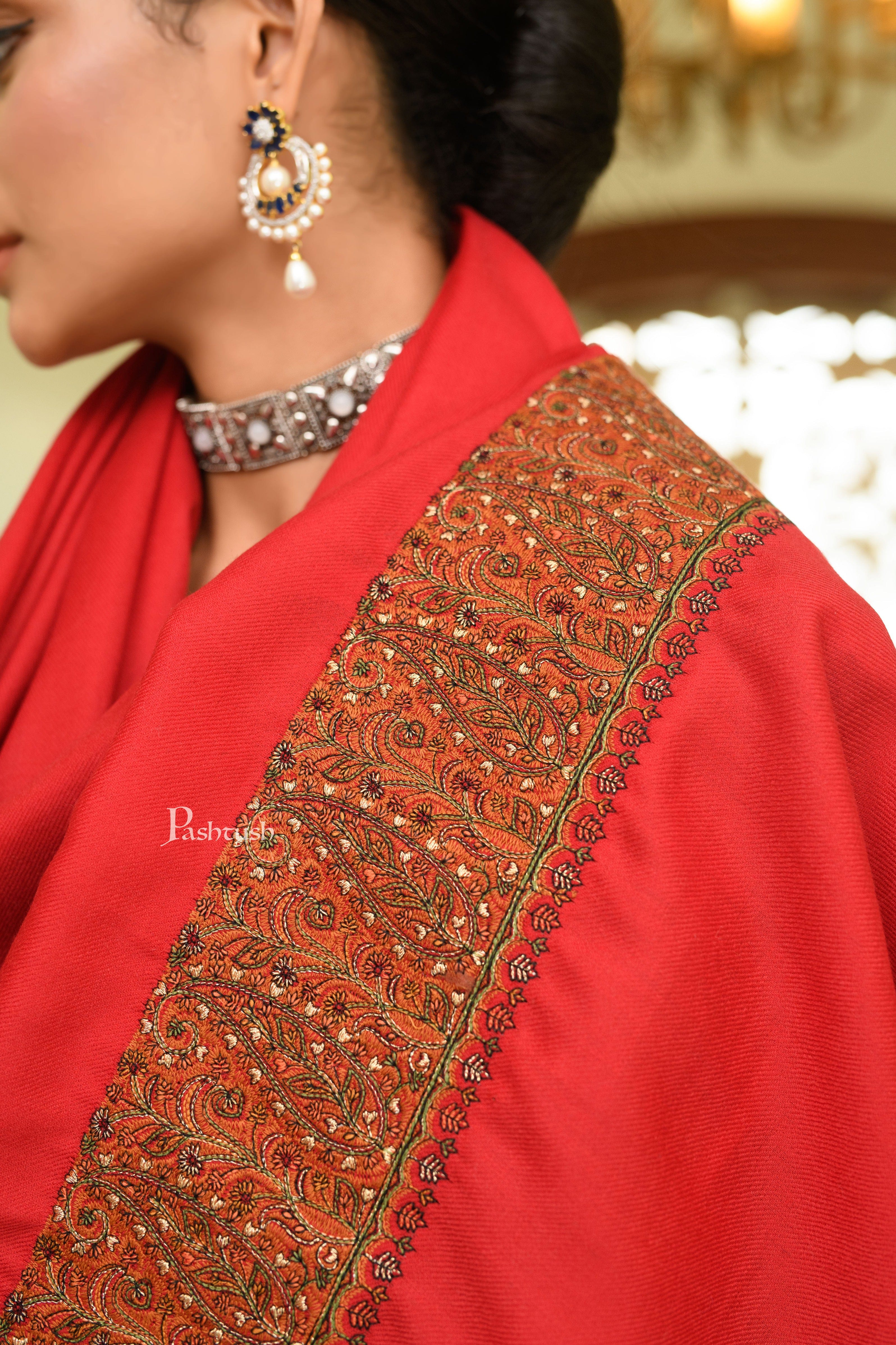 Pashtush Womens Fine Wool Shawl, Border Embroidery Challa Daur Design, Red - Image 2
