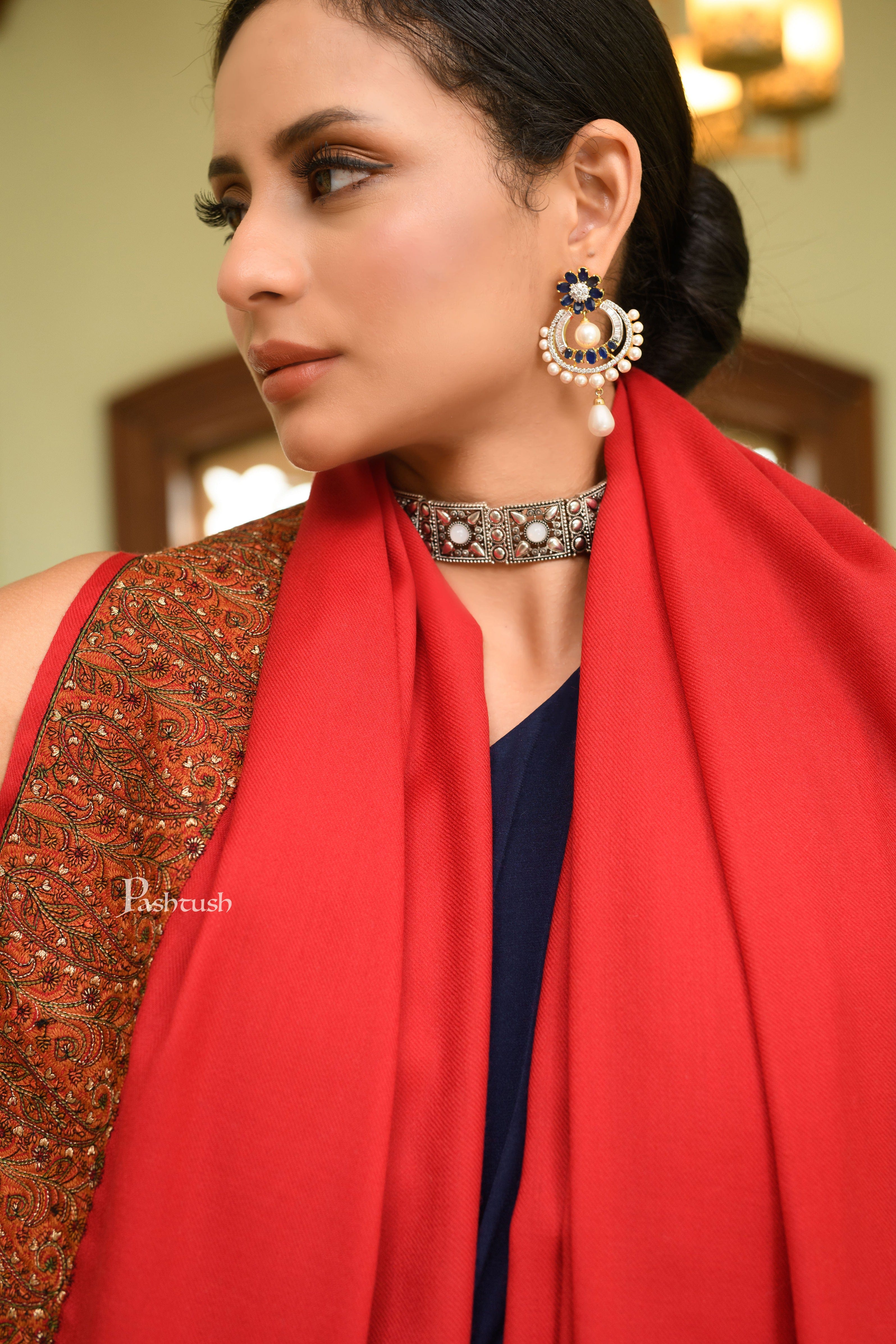 Pashtush Womens Fine Wool Shawl, Border Embroidery Challa Daur Design, Red - Image 3