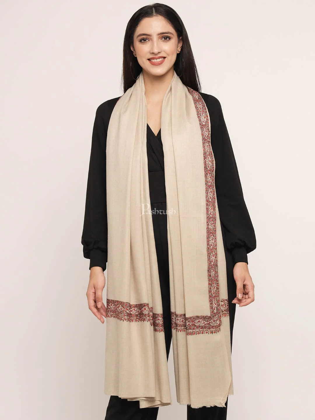 Pashtush womens Fine Wool shawl, border hand embroidary design, Beige