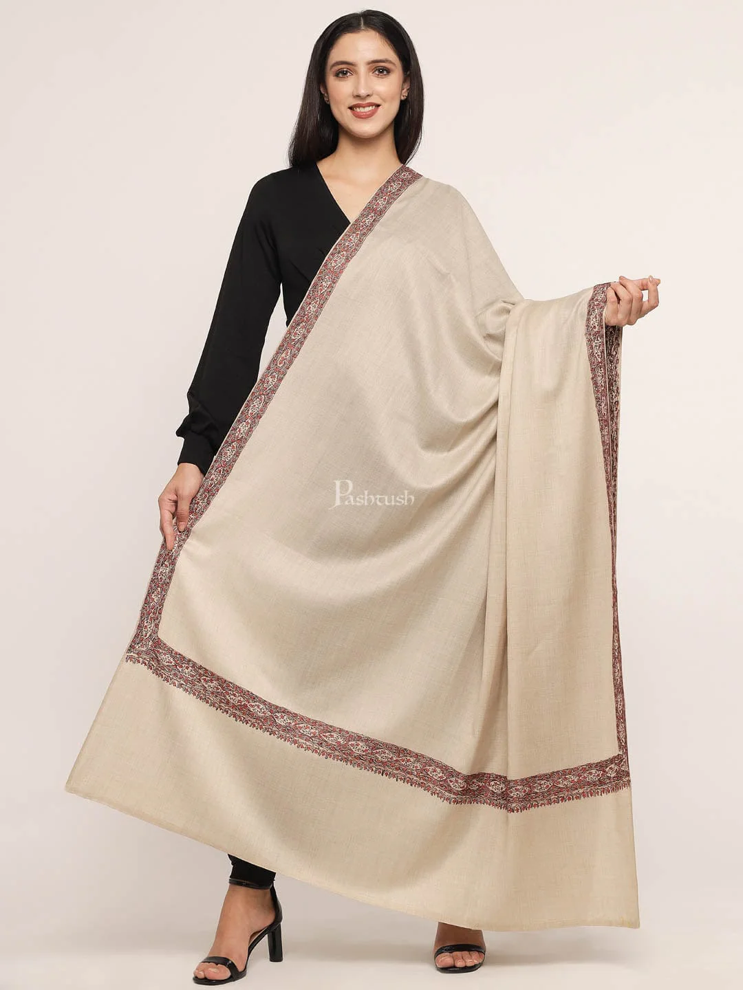 Pashtush womens Fine Wool shawl, border hand embroidary design, Beige - Image 3