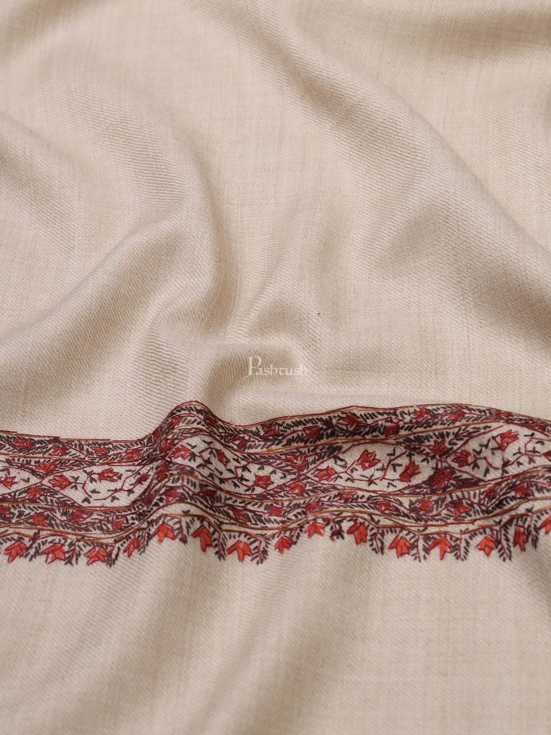 Pashtush womens Fine Wool shawl, border hand embroidary design, Beige - Image 5