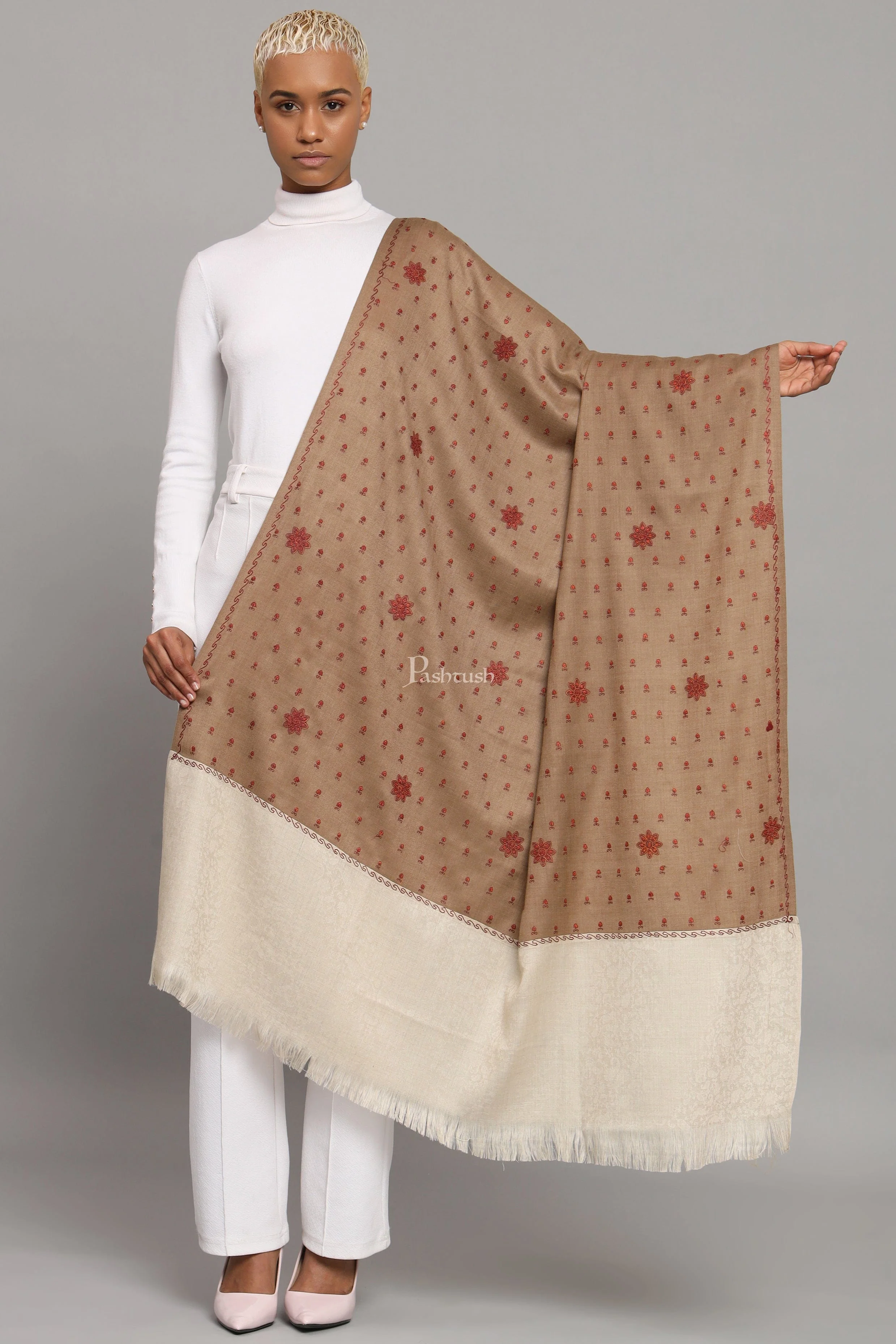 Pashtush Womens Fine Wool Shawl, Botey Embroidery Stitched Palla Design, Beige