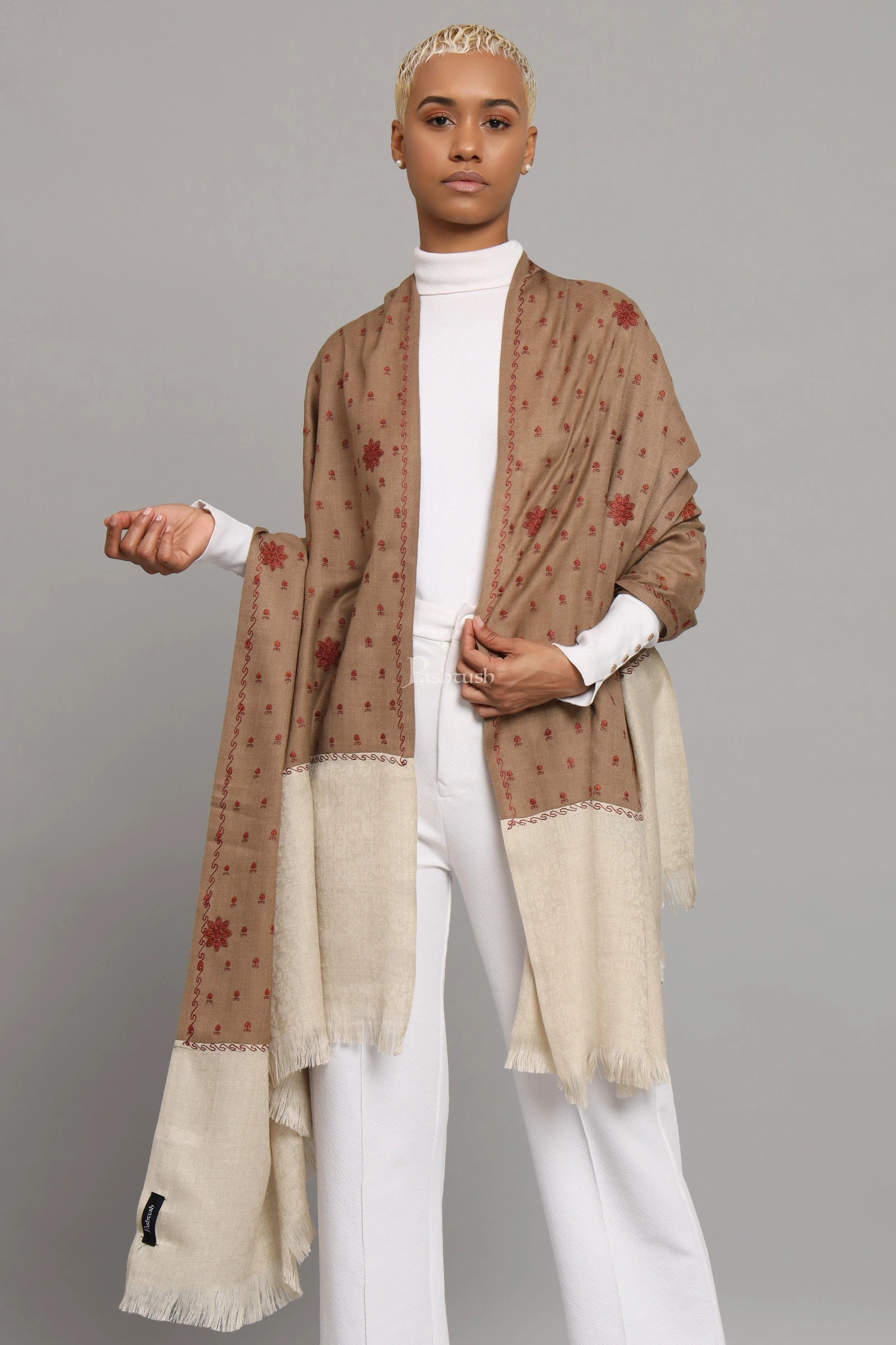 Pashtush Womens Fine Wool Shawl, Botey Embroidery Stitched Palla Design, Beige - Image 3