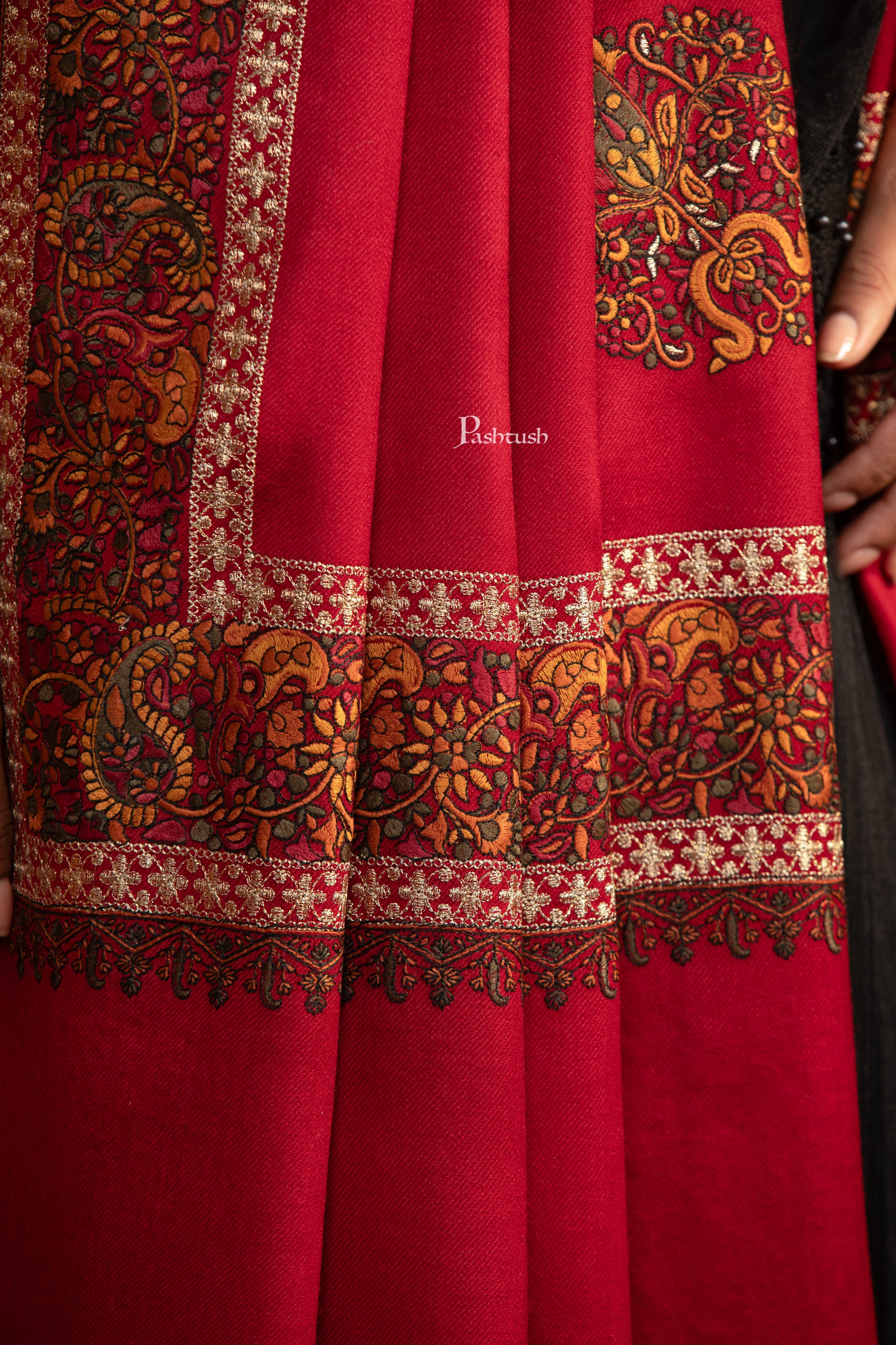 Pashtush Womens Fine Wool Shawl, , Challa Daur With Metallic Detailing Design, Maroon - Image 2