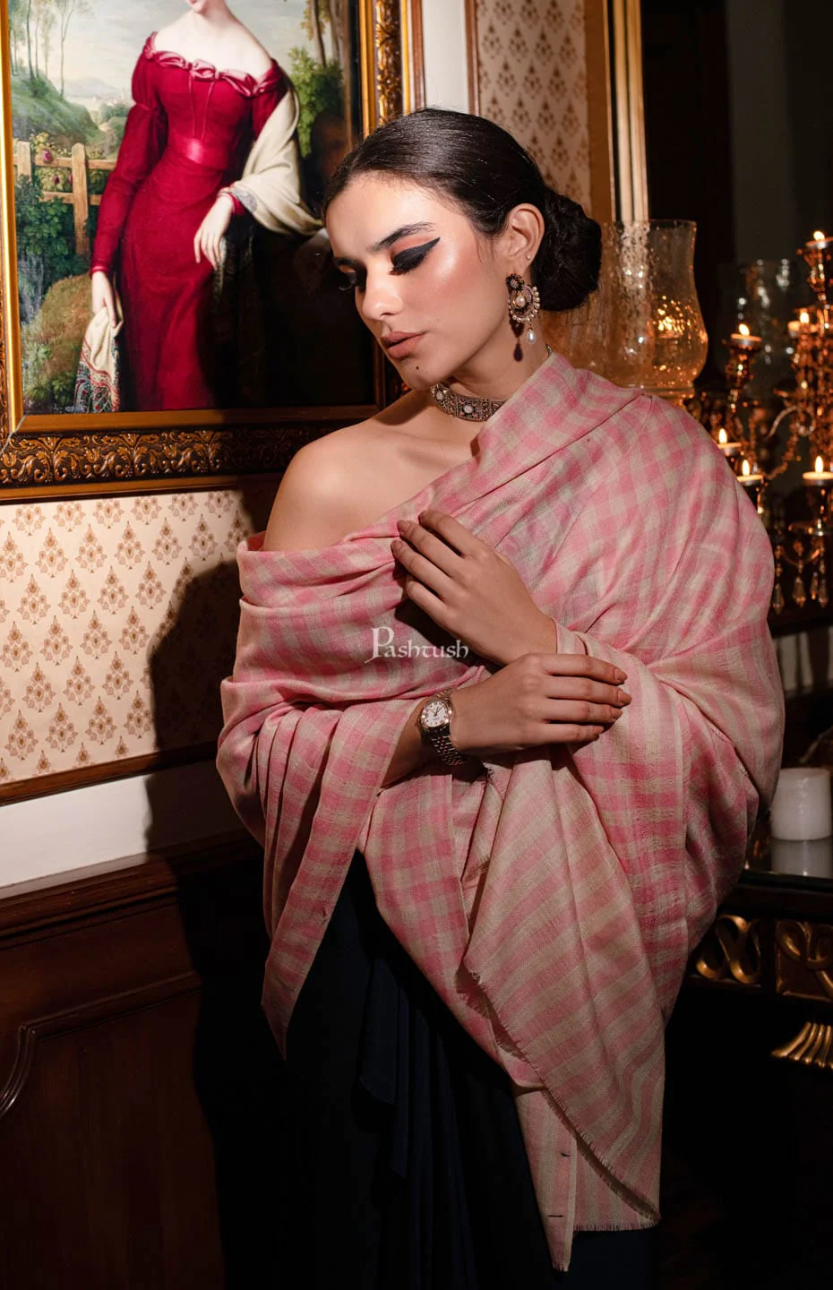 Pashtush womens Fine Wool Shawl, Check design, Pink
