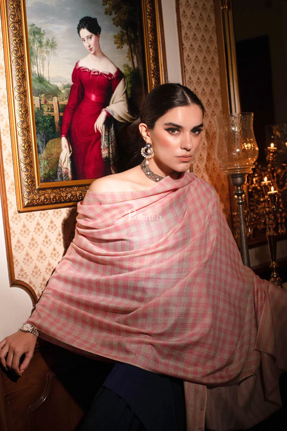 Pashtush womens Fine Wool Shawl, Check design, Pink - Image 3